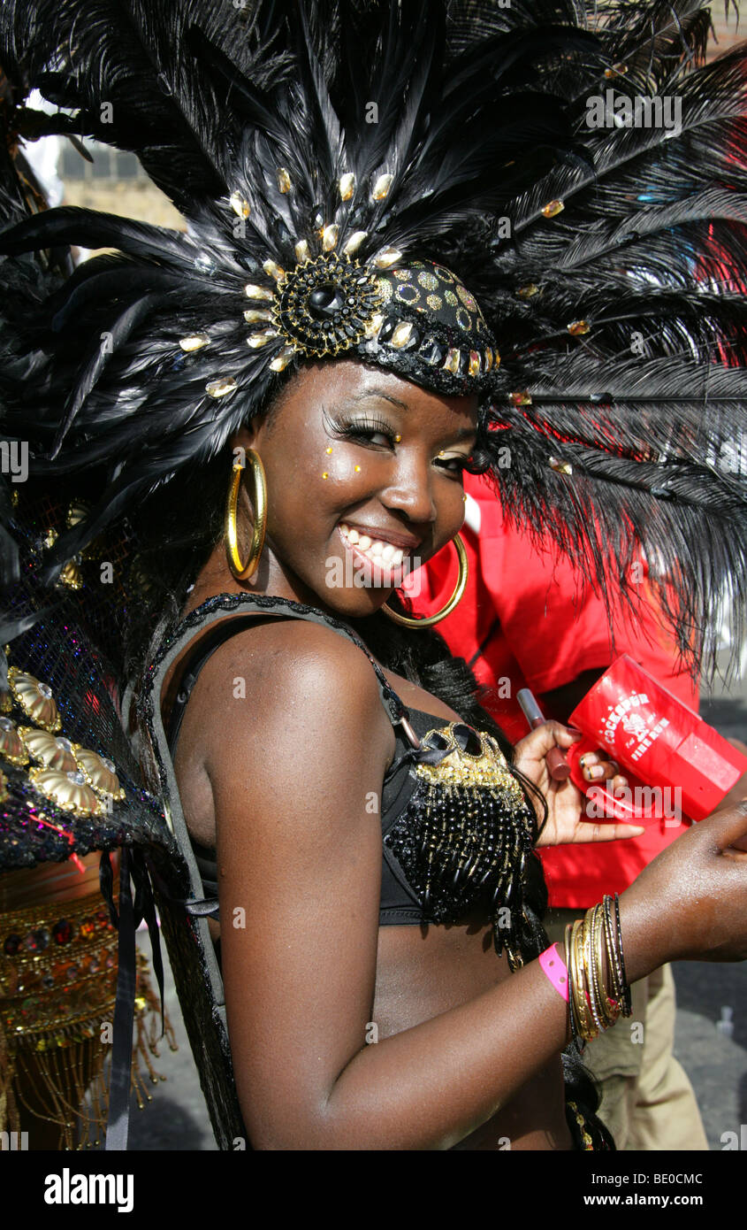 Young Caribbean Girl Dancing in the Notting Hill Carnival Parade 2009 Stock Photo