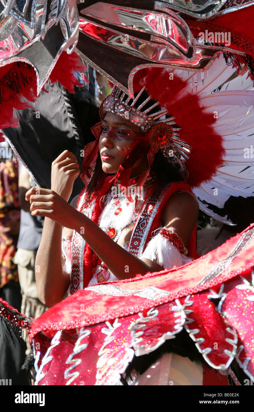 Red Indian Carnival Girl in the Notting Hill Carnival Parade 2009 Stock Photo