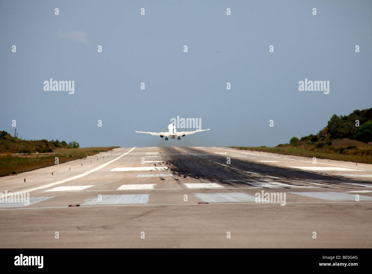 airplane take-off in airport of Skiathos,Greece Stock Photo