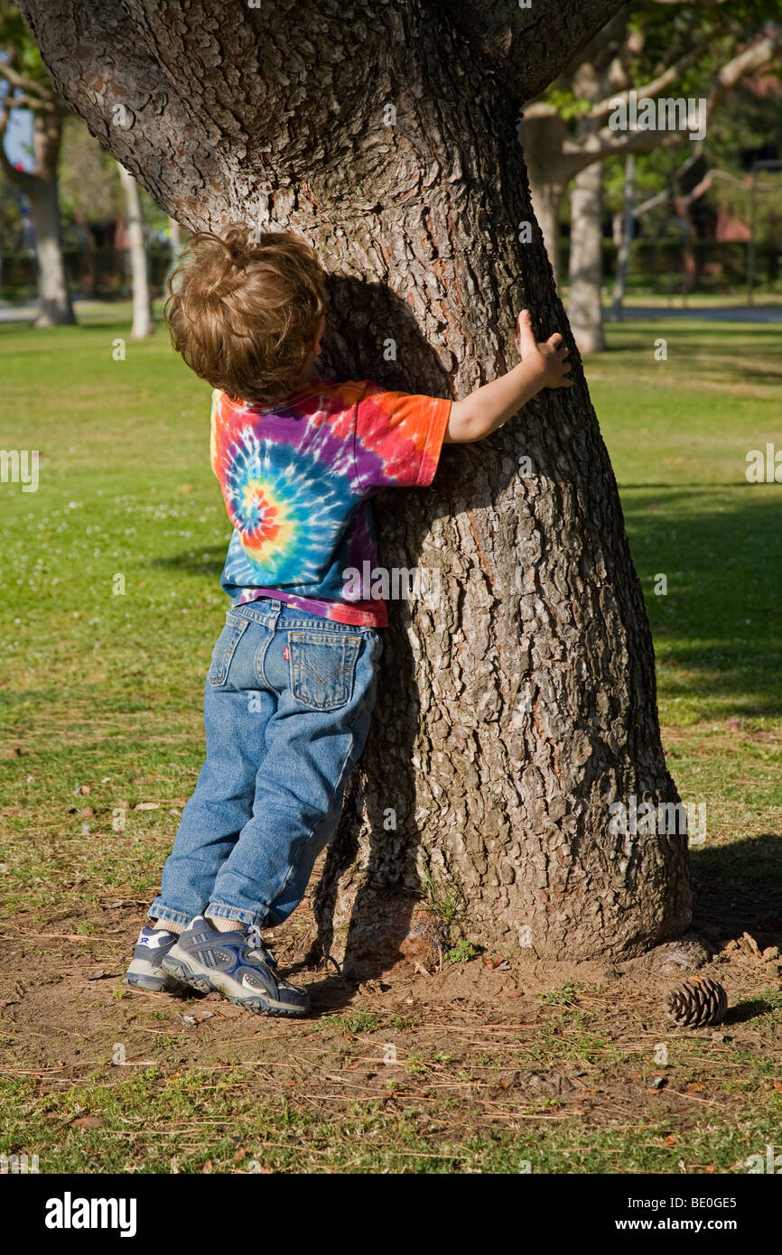 Young boy hugging tree. (MR) Stock Photo