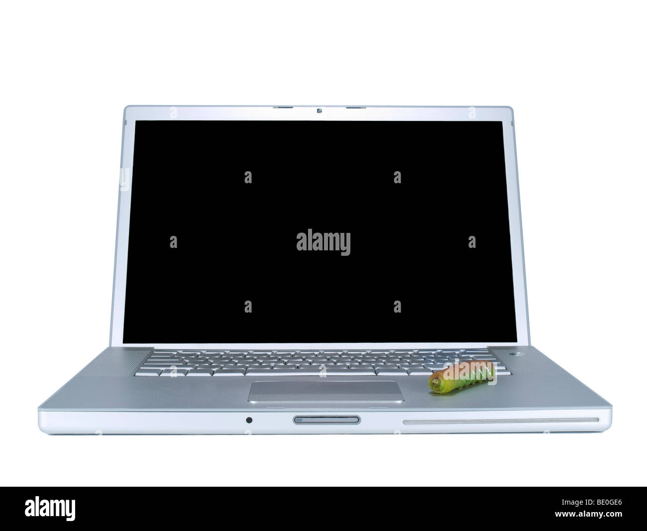 A caterpillar over a laptop computer. Isolated on white. Stock Photo