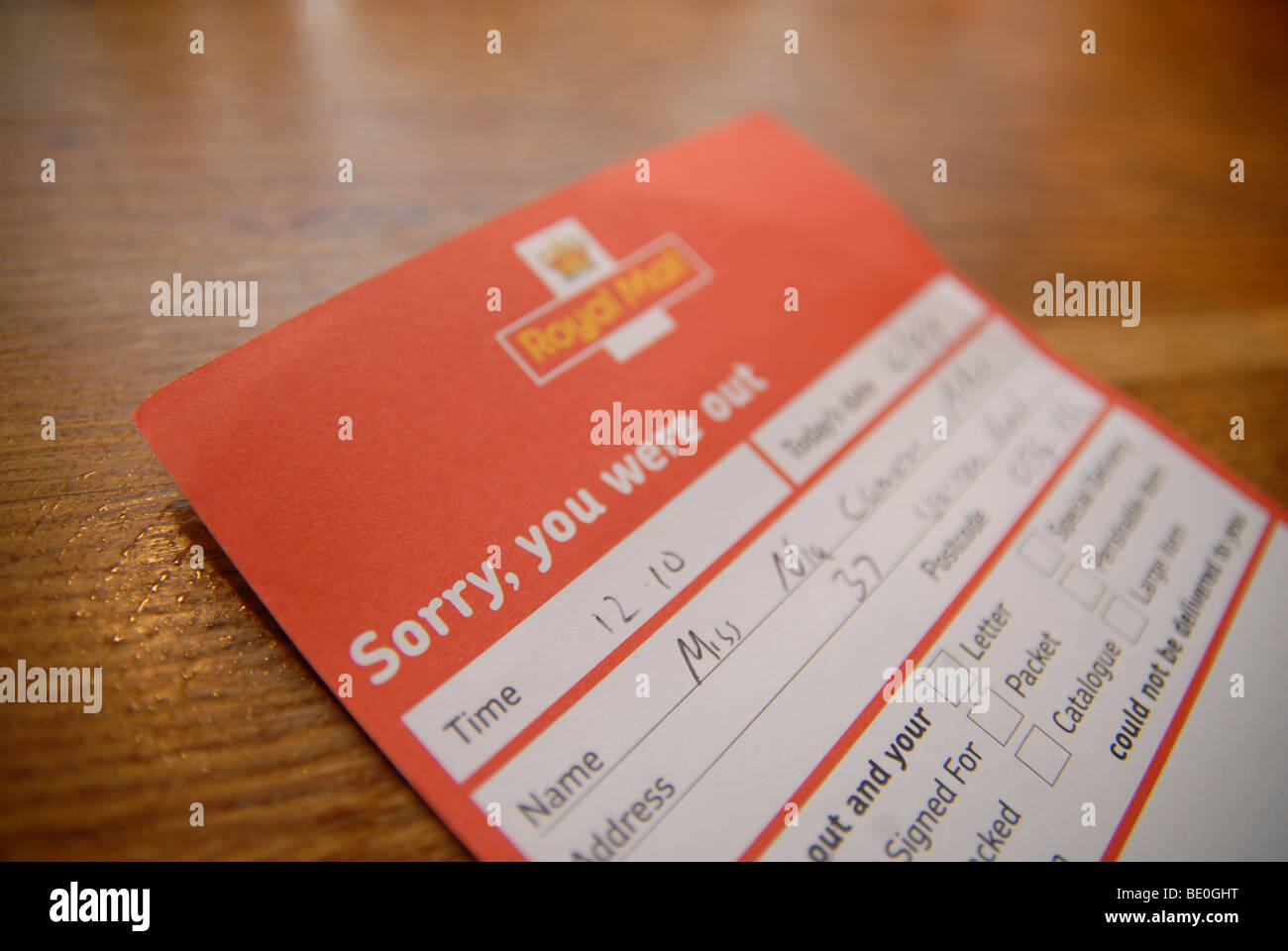 Royal Mail Sorry you were out card for a missed delivery Stock Photo