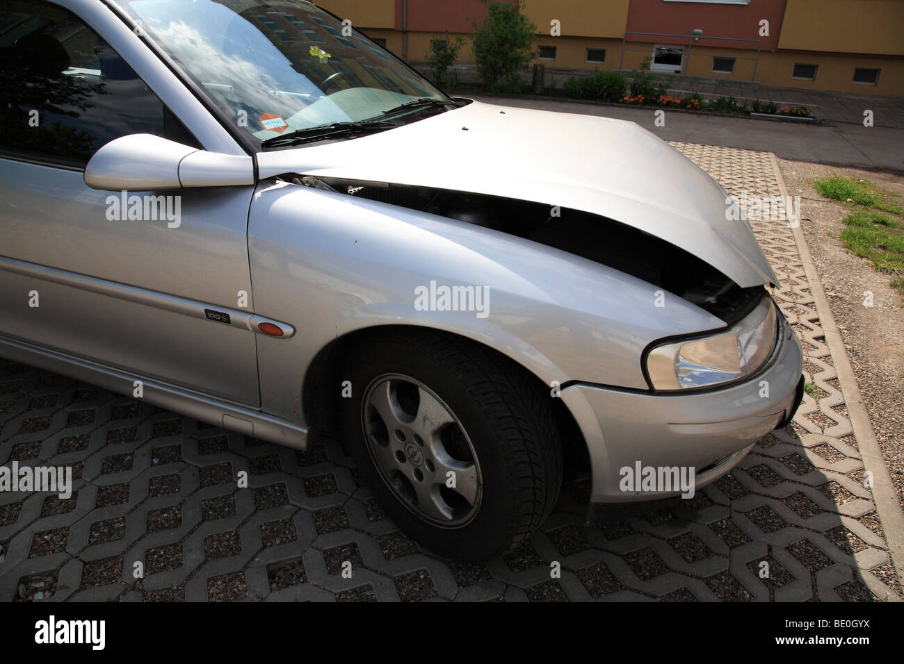 damaged front of a car (Opel Vectra) after an accident Stock Photo