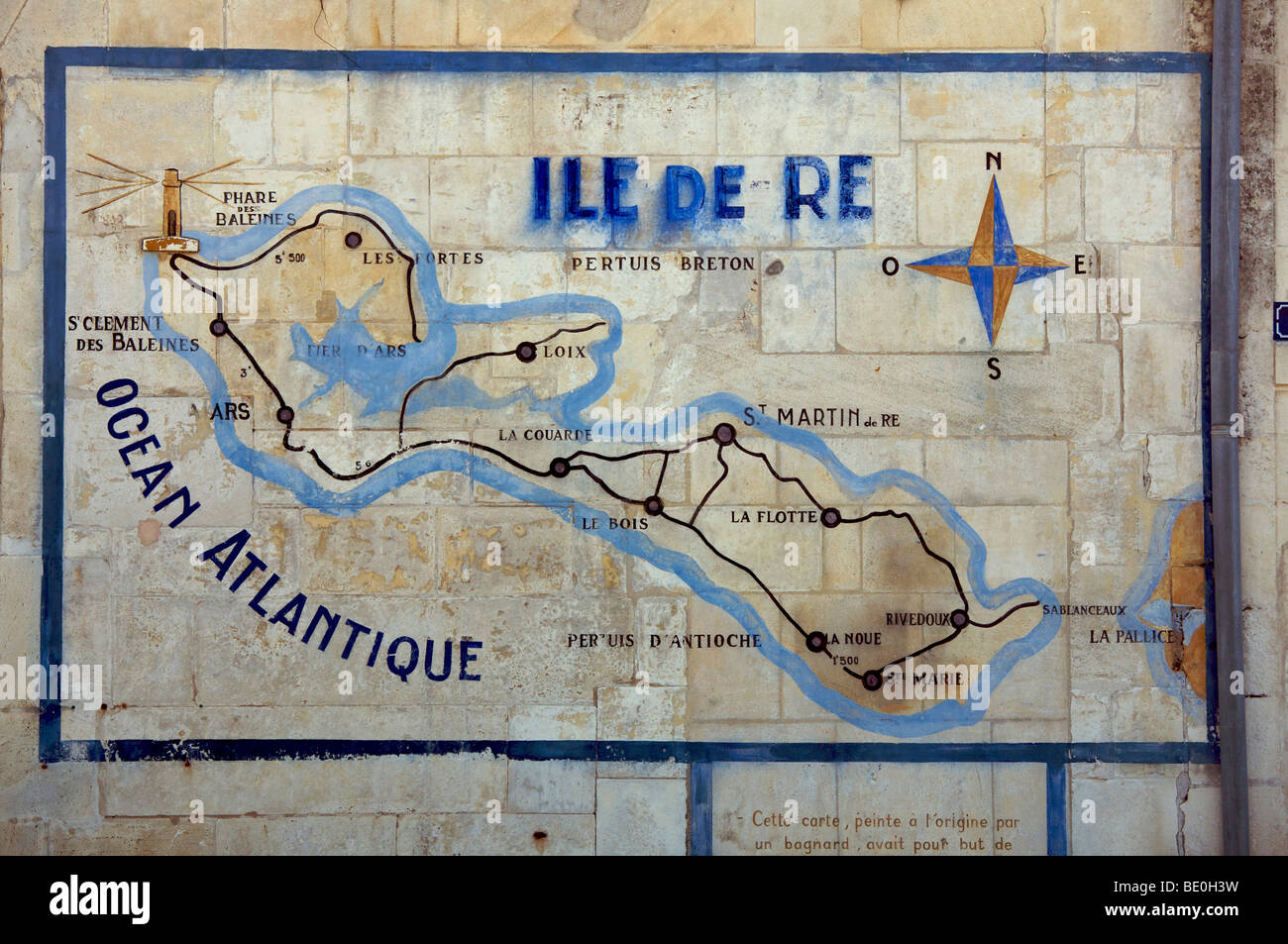 Island map on wall , Harbour at St Martin de Re, ile de Re, France Stock Photo