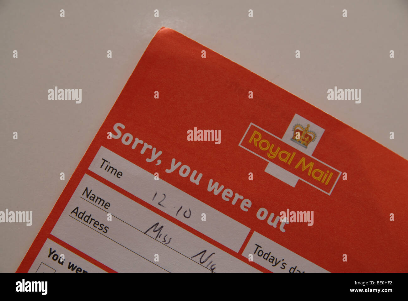 Royal Mail - Sorry you were out card for a missed delivery Stock Photo