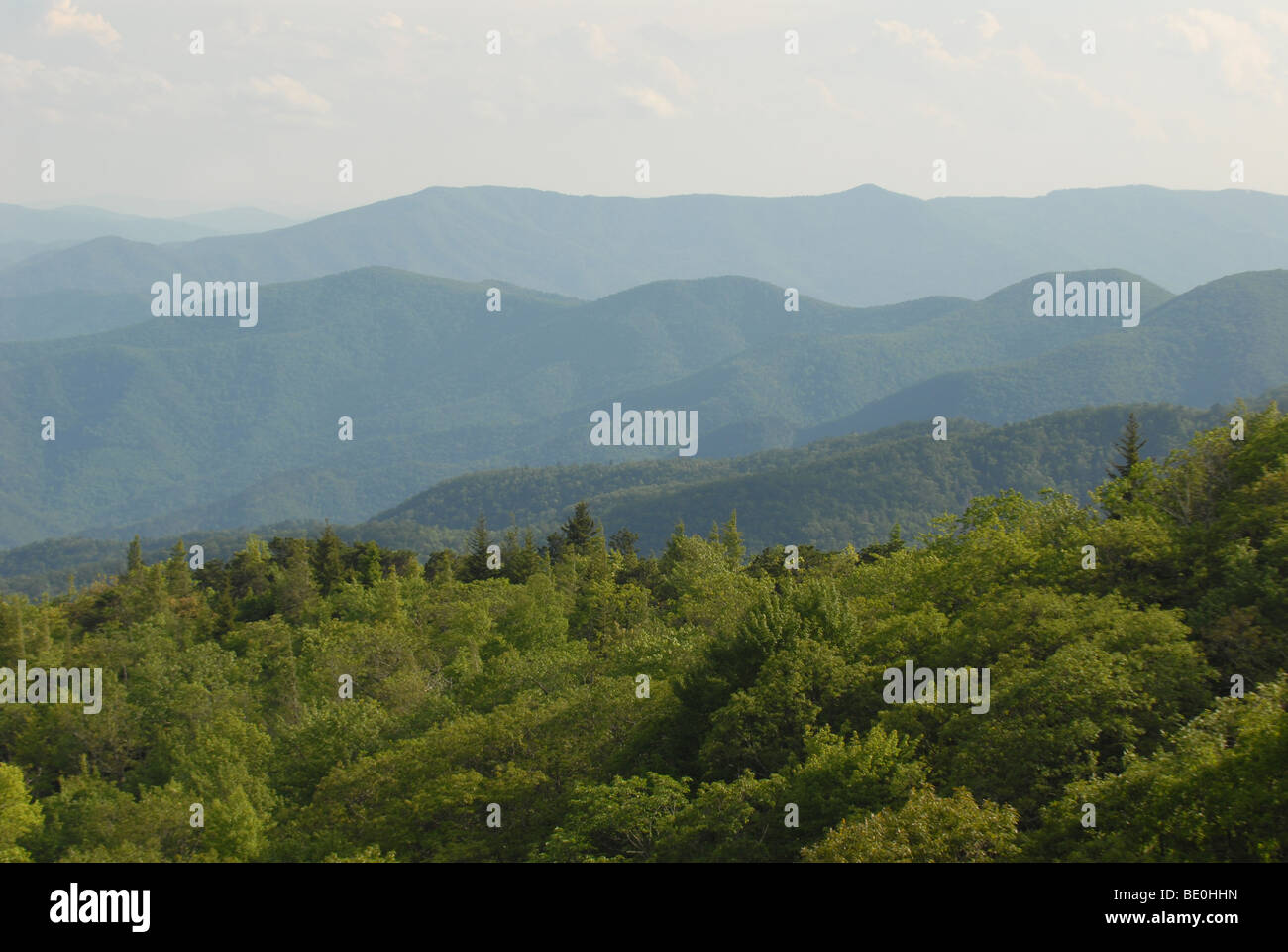 The Blue Ridge Mountains are viewed from the Blue Ridge Parkway in North Carolina. Stock Photo