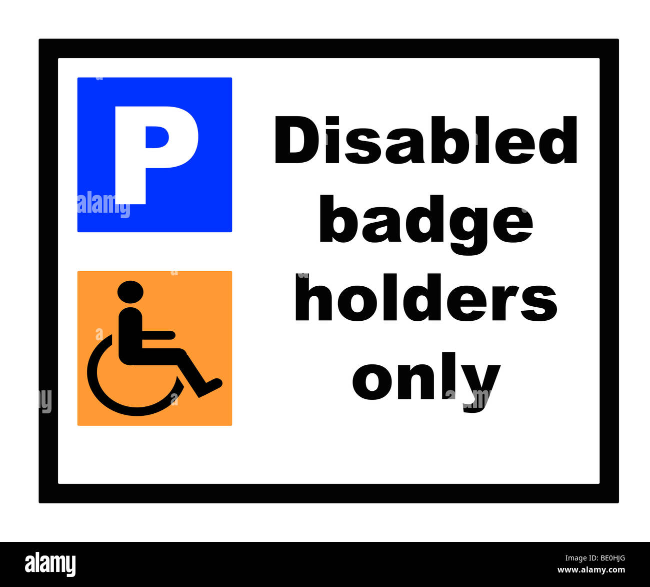 Disabled badge holders only parking sign, isolated on white background. Stock Photo
