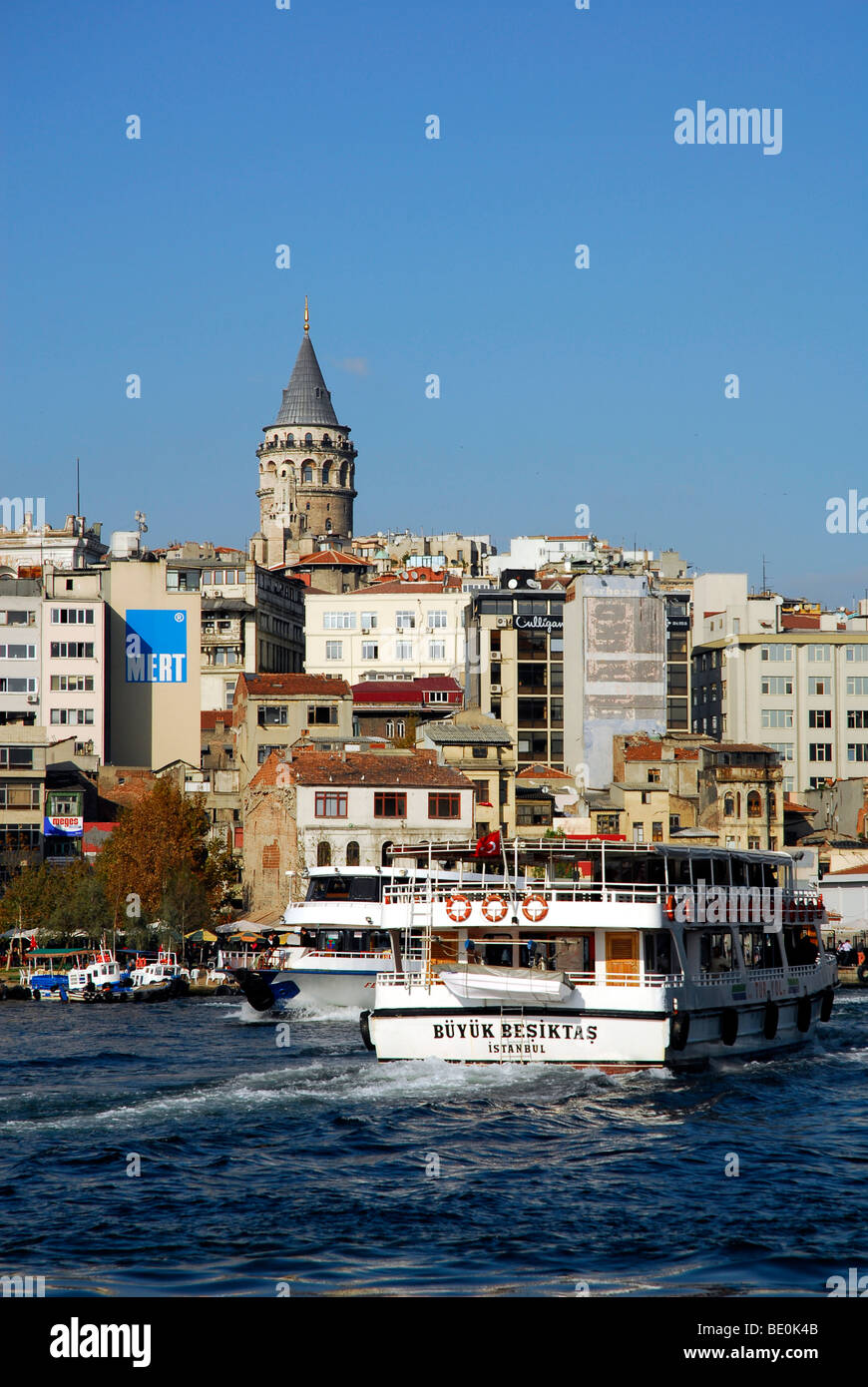 View from the Galata bridge, Galata Koepruesue on a harbor ferry and the Galata Tower, Golden Horn, Halic, Istanbul, Turkey Stock Photo