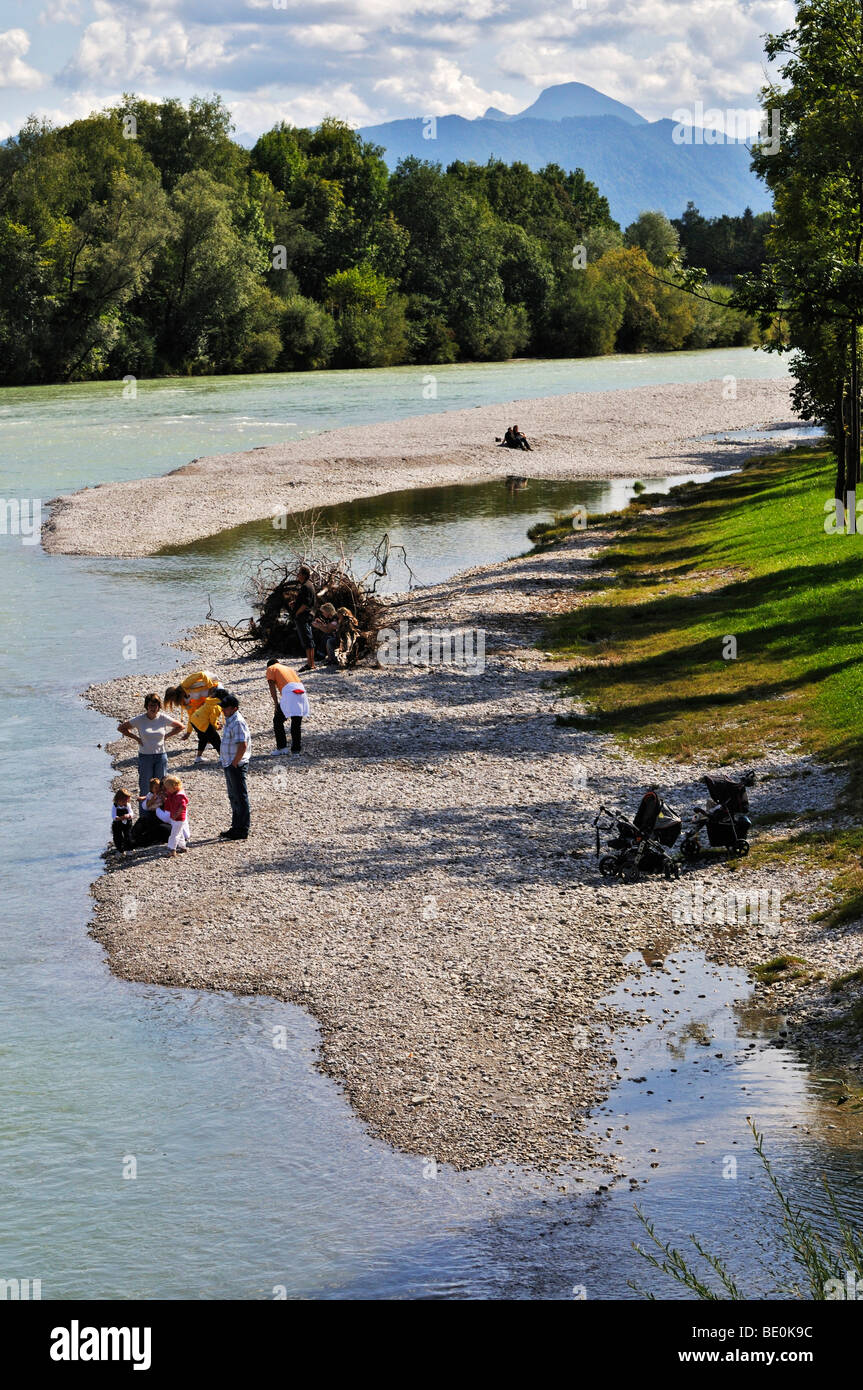 Isar River and river banks in Bad Toelz, Bavaria, Germany, Europe Stock Photo