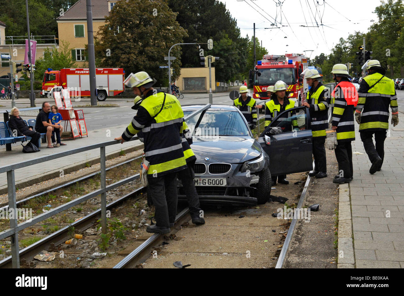 Accident, car on tram tracks, license plate changed, Munich, Bavaria, Germany, Europe Stock Photo