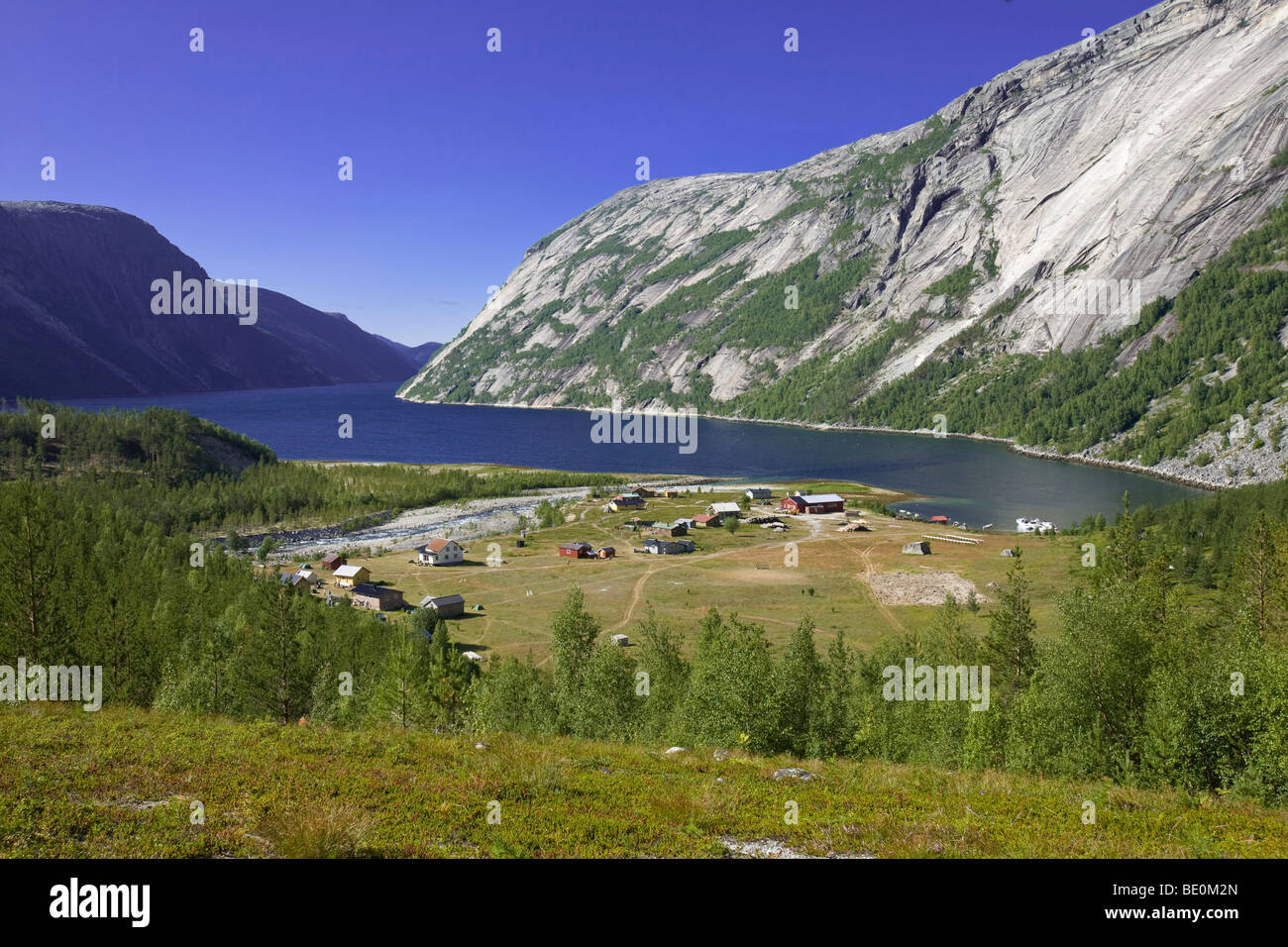 Sami village Hellmobotn at Hellmofjorden, Norway, Scandinavia, Europe Stock Photo