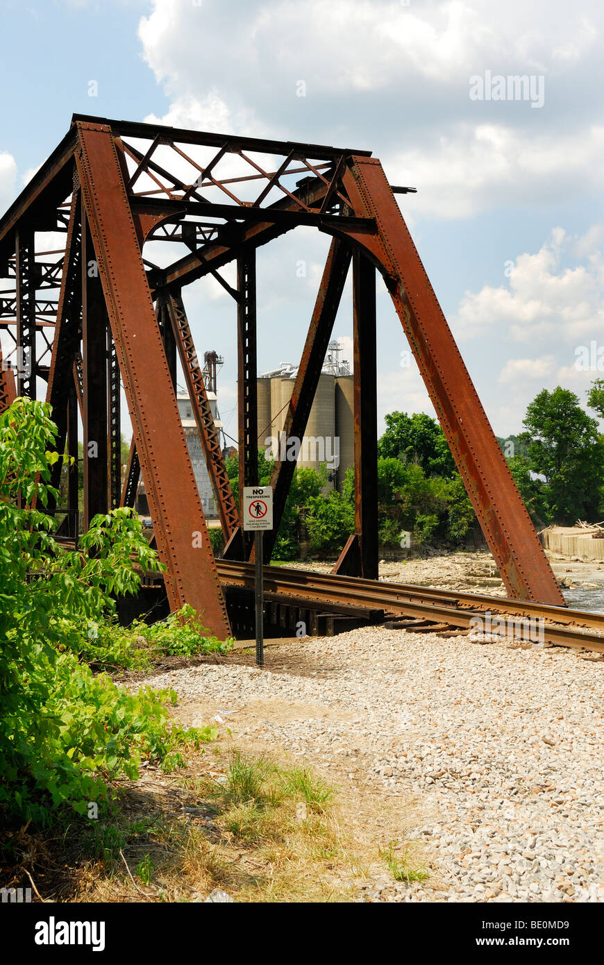railroad trestle bridge over the Muskingum River in Zanesville Ohio Stock Photo