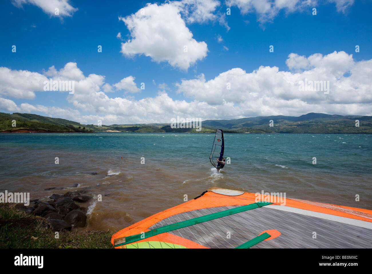 Windsurfers on the world famous Lake Arenal on a windy day in Costa