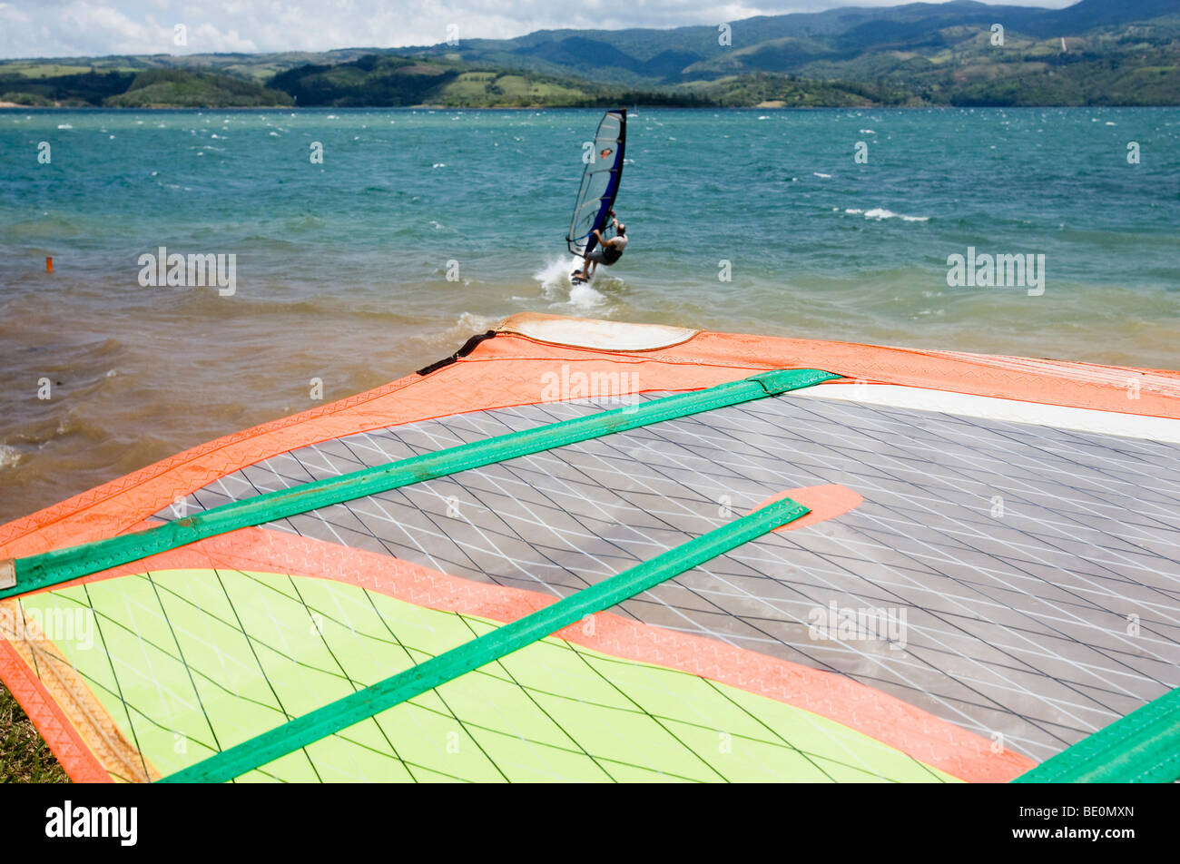 Windsurfers on the world famous Lake Arenal on a windy day in Costa
