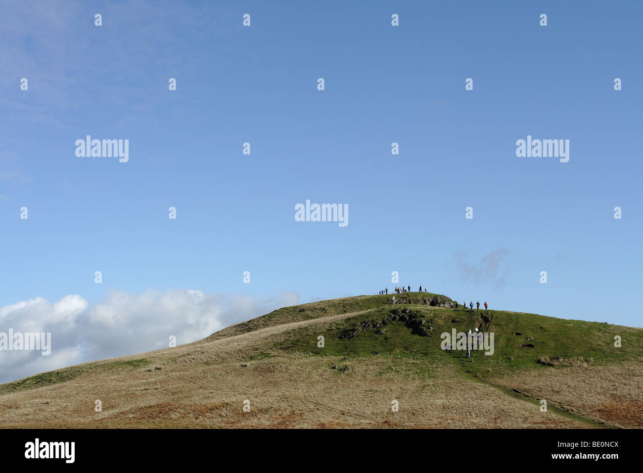 Walking group of at the top of Windy Hill, Muirshiel Country Park, Renfrewshire, Scotland, UK Stock Photo