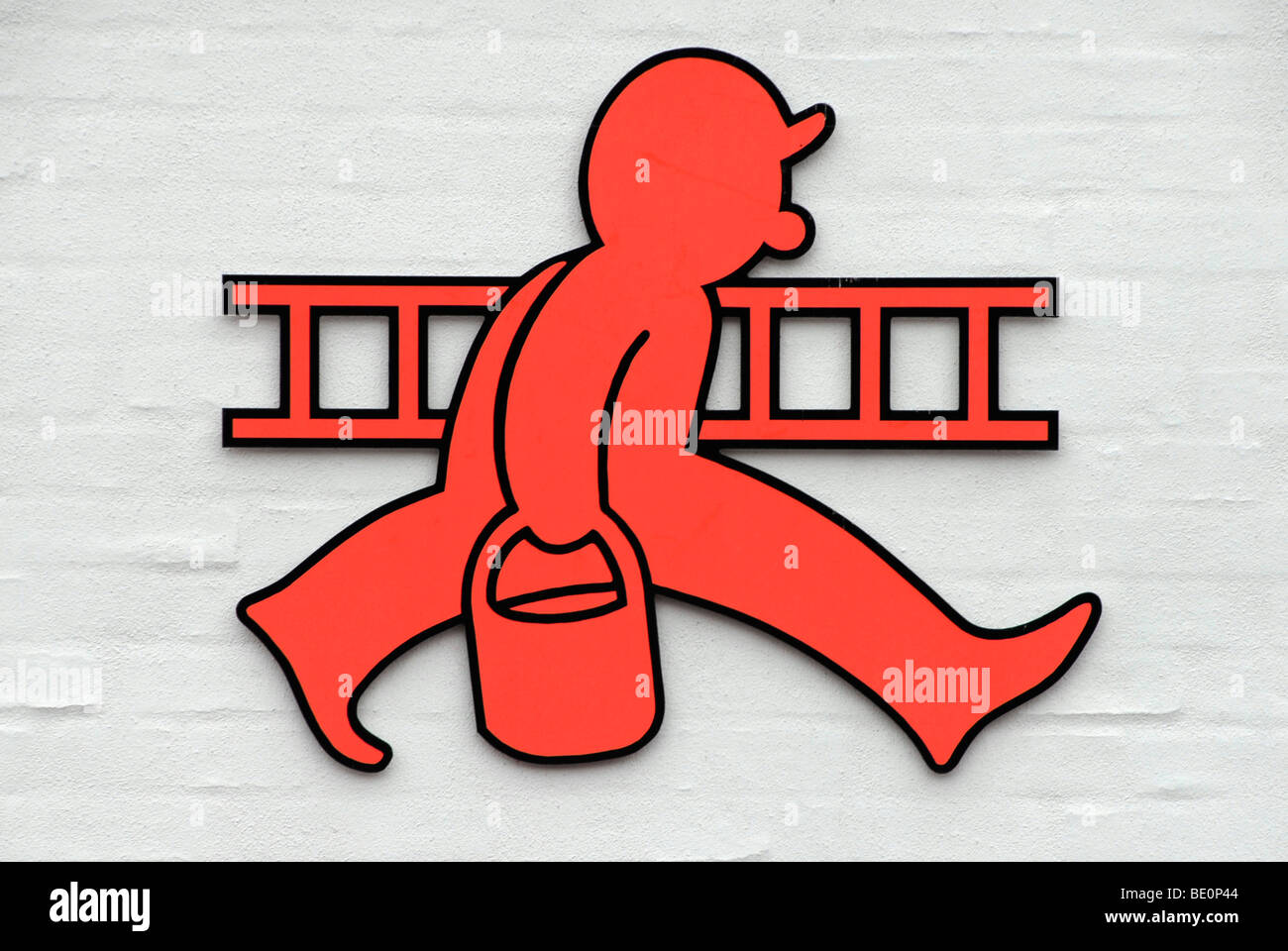 Red man with ladder and bucket, drawing Stock Photo