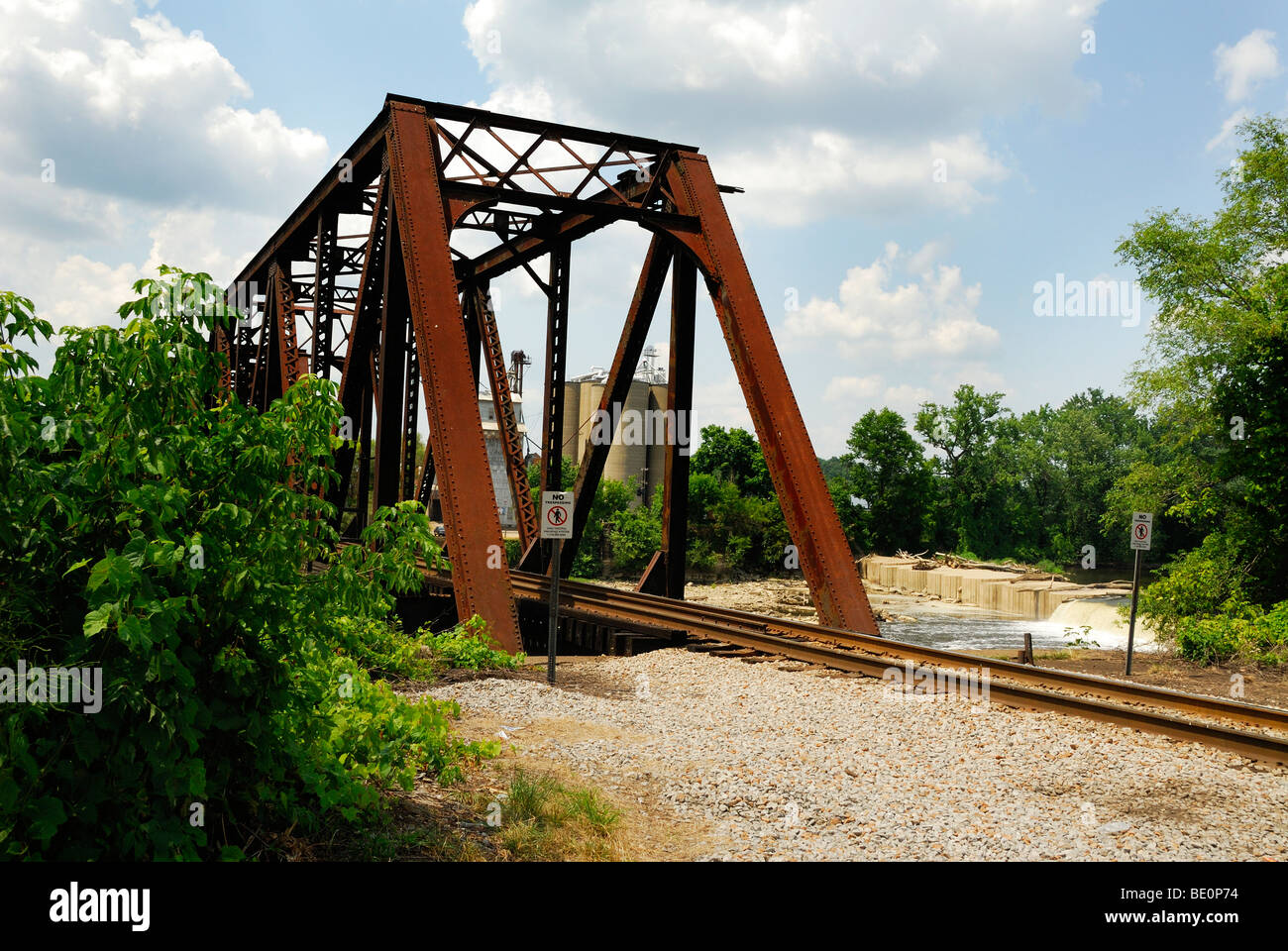 railroad trestle bridge over the Muskingum River in Zanesville Ohio Stock Photo