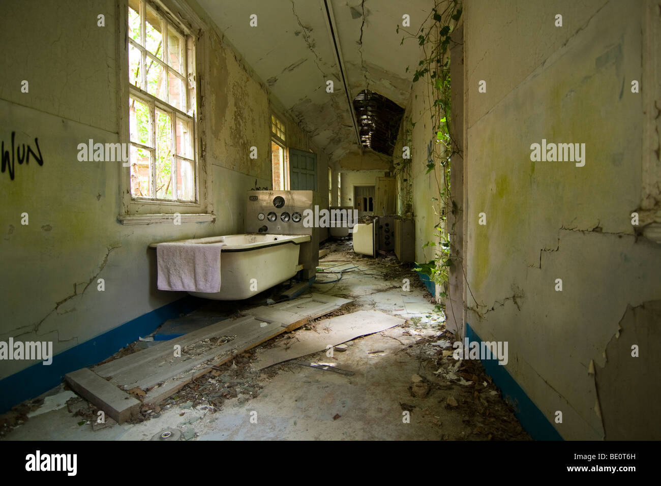 A hallway in the derelict Hellingly Psychiatric Hospital, East Sussex, England. Stock Photo