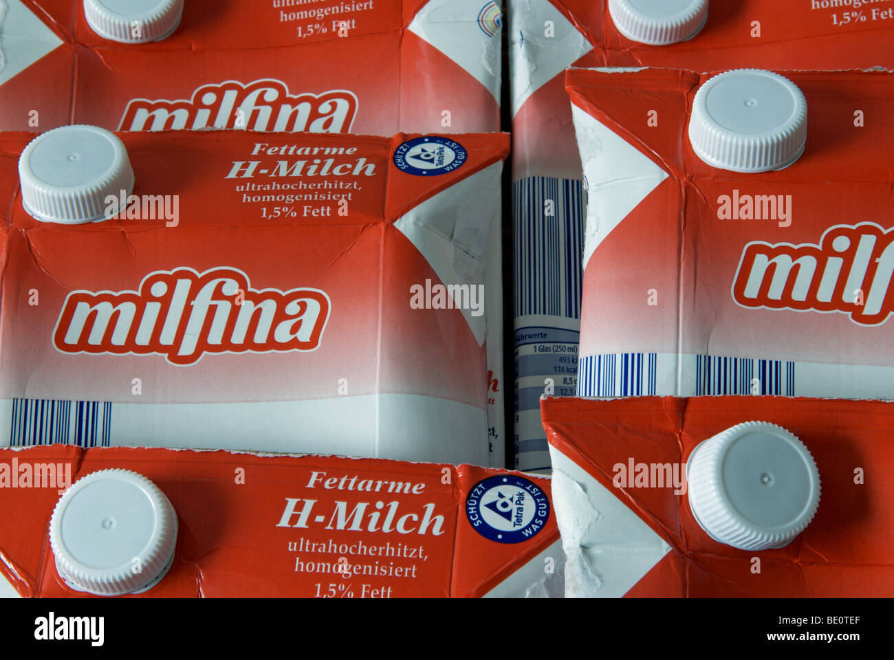 Empty long-life milk cartons at a recycling centre, Dusseldorf, Germany. Stock Photo