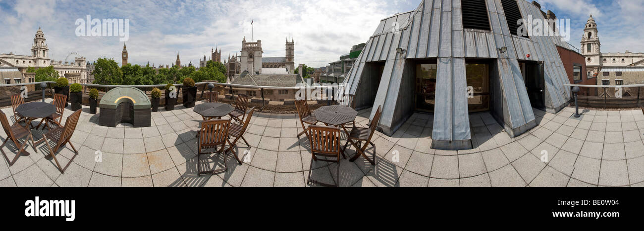 Roof terrace panorama at the Royal Institution of Chartered Surveyors Headquarters in Westminster, London. Stock Photo