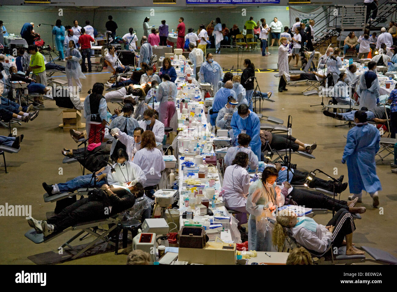 Dentist work on patients. Free Medical care at the Los Angeles Forum. Inglewood, Los Angeles