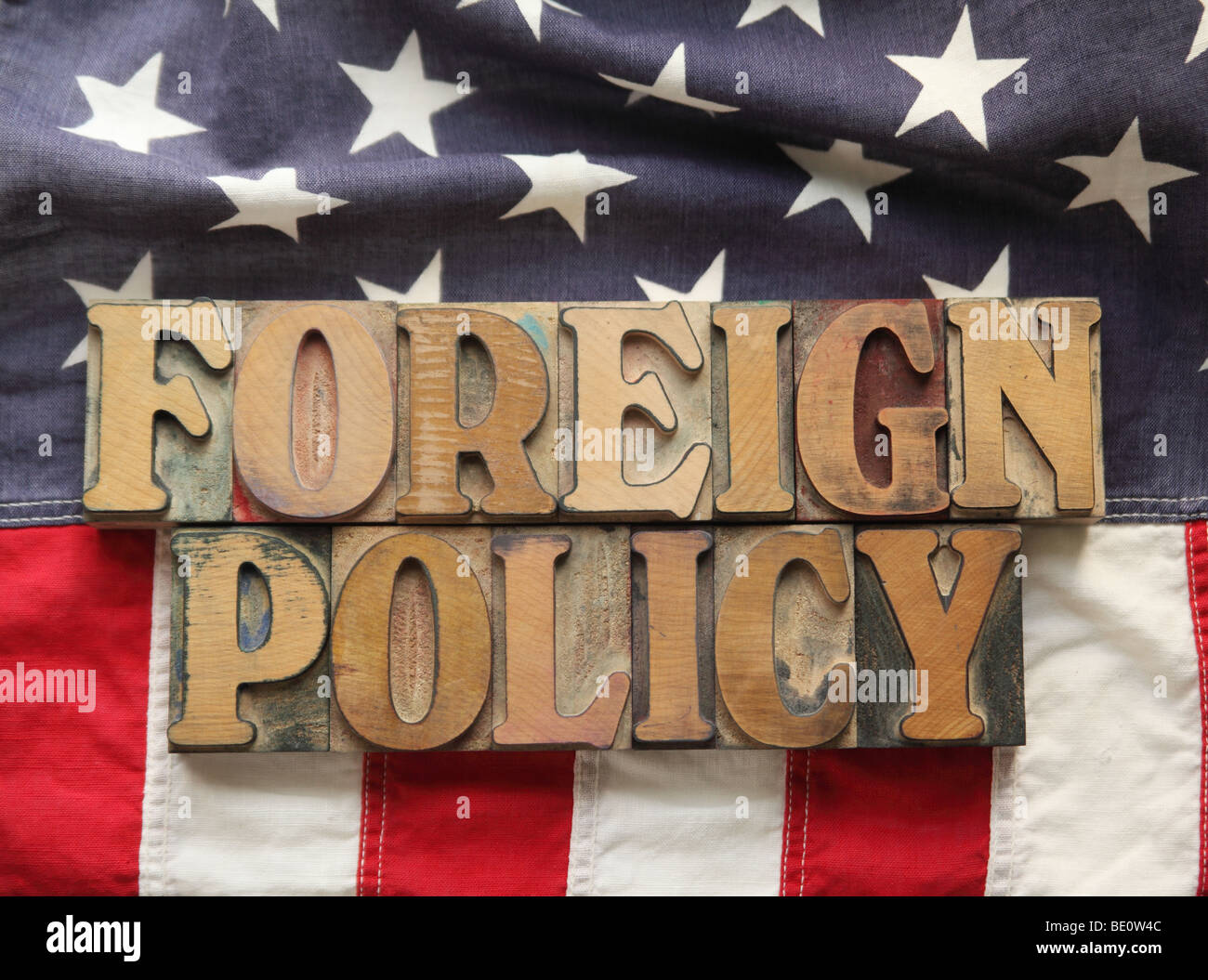 American flag with the words 'foreign policy' Stock Photo