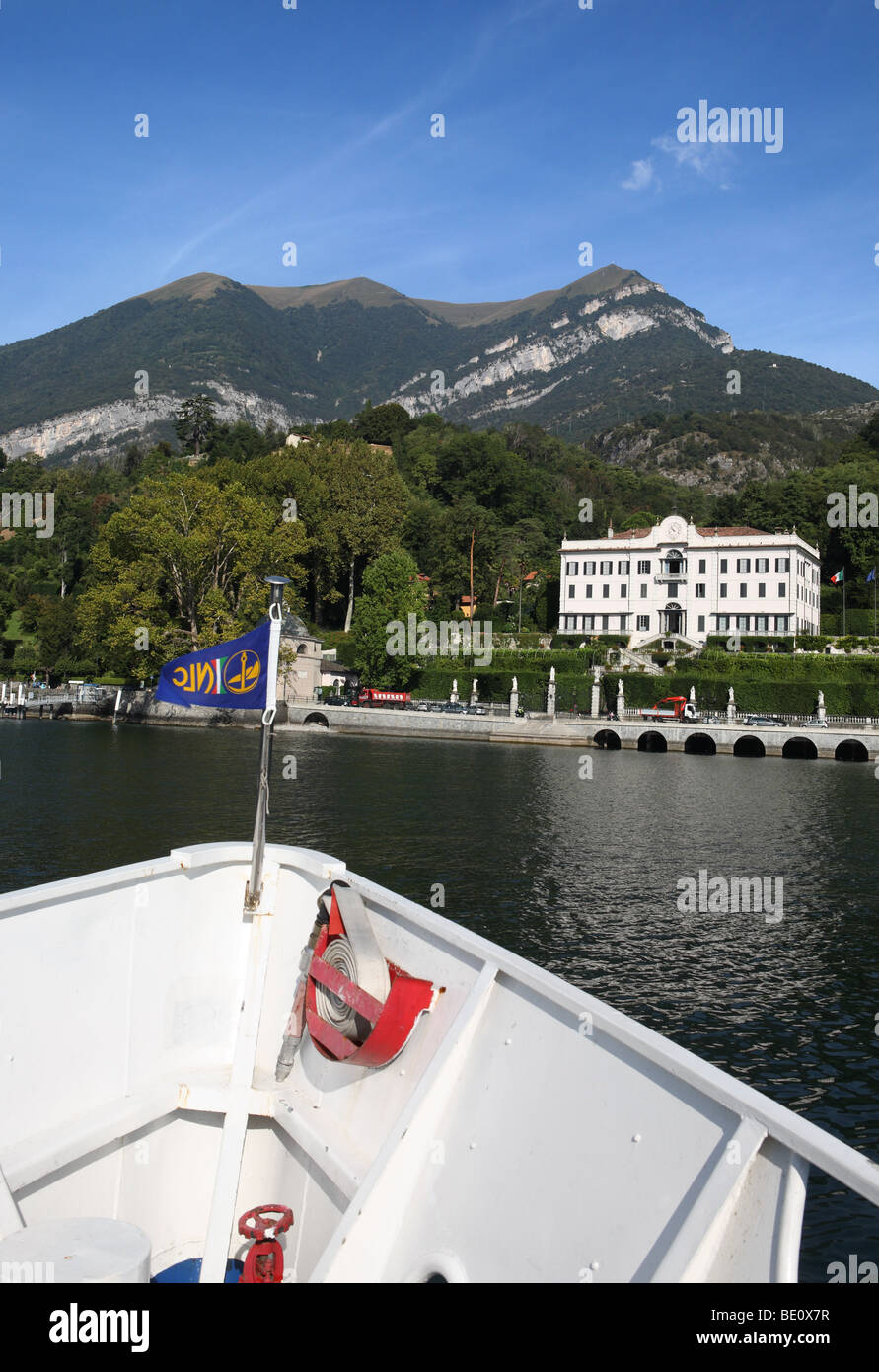 Villa Carlotta in Tremezzo seen from the bows of an approaching steamer on Lake Como, Italy, Europe Stock Photo