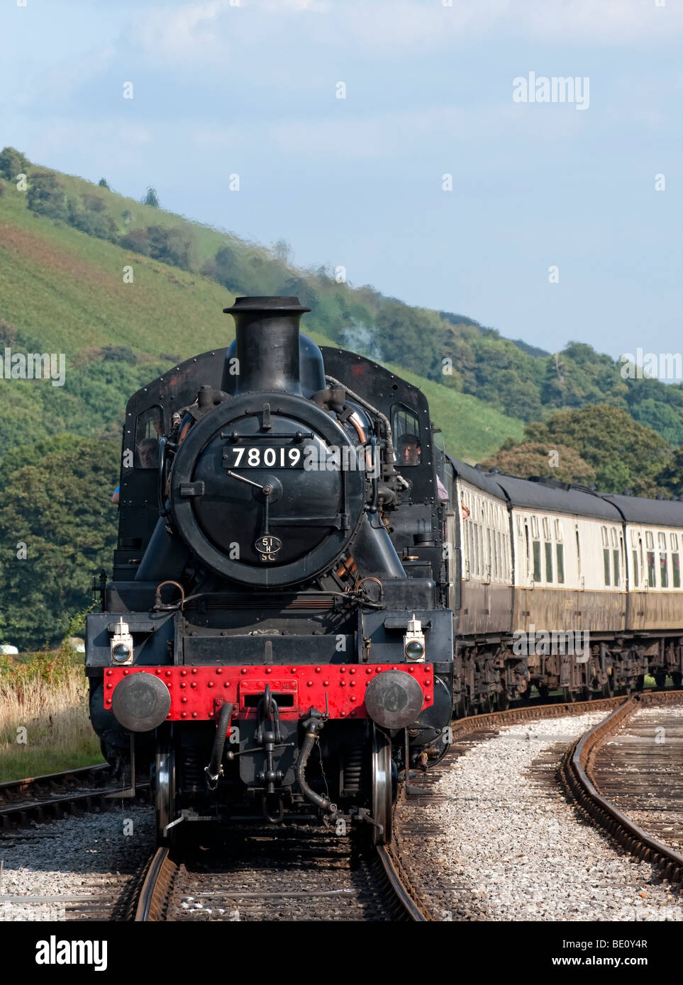 Steam Locomotive 78019 approaches Carrog Station at the end of it's journey from Llangollen on the Llangollen Steam Railway Stock Photo
