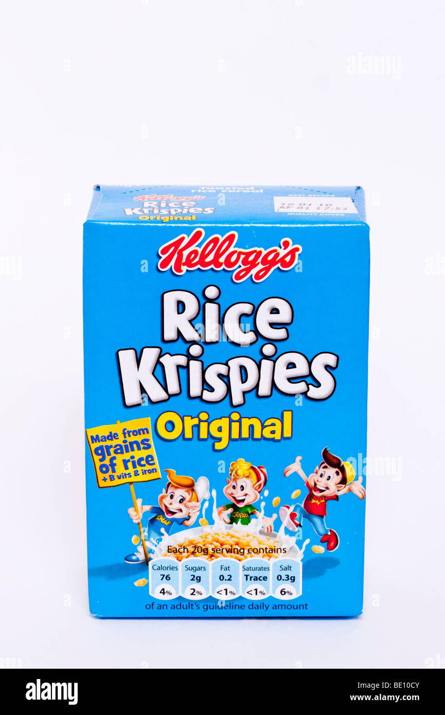 A close up of a mini packet of Kellogg's rice krispies cereal on a white background Stock Photo