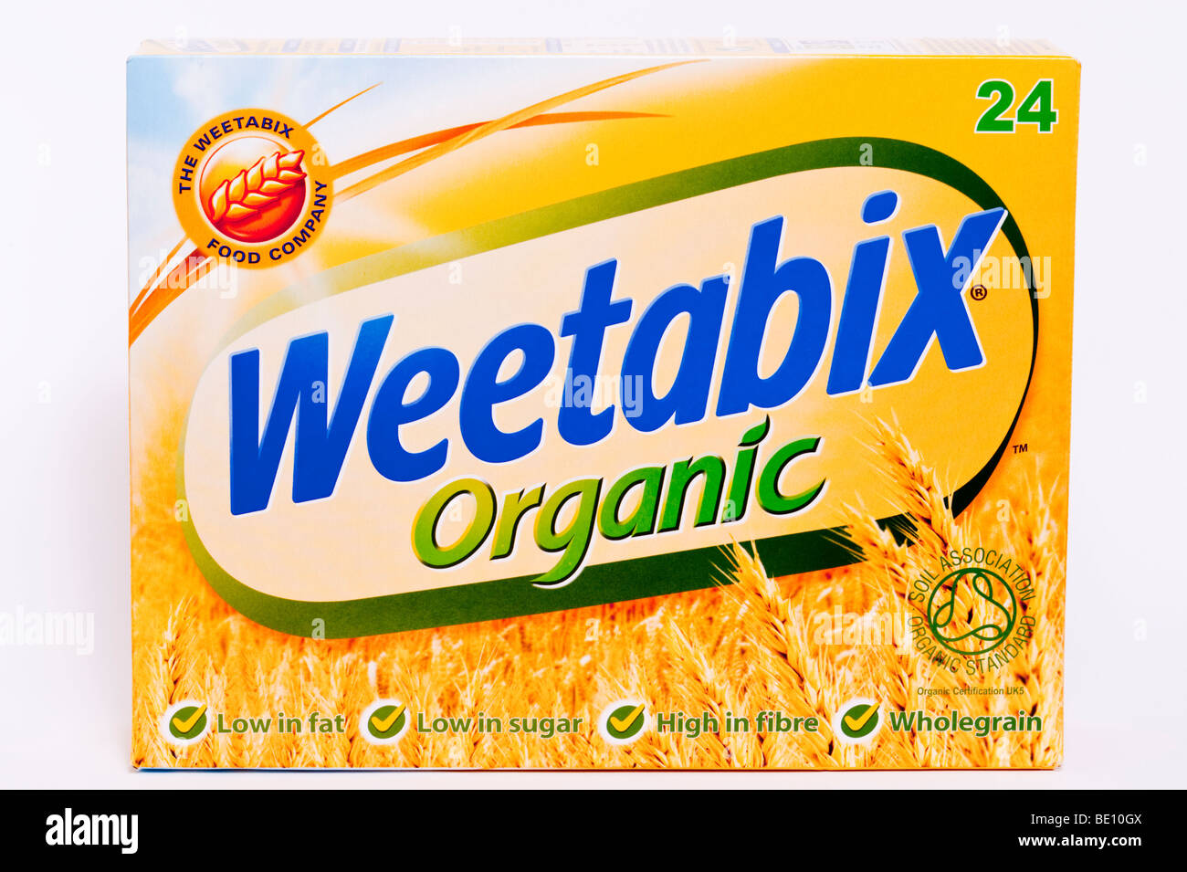 A close up of a packet of weetabix organic low fat cereal on a white background Stock Photo