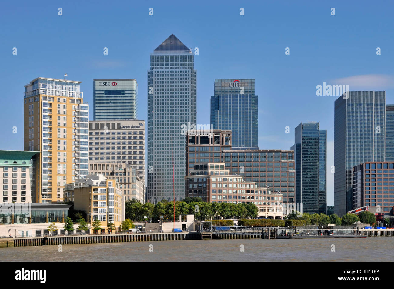 One Canada Square skyscraper office tower block flanked by HSBC bank & Citi banks banking skyscrapers on Canary Wharf skyline East London Docklands UK Stock Photo