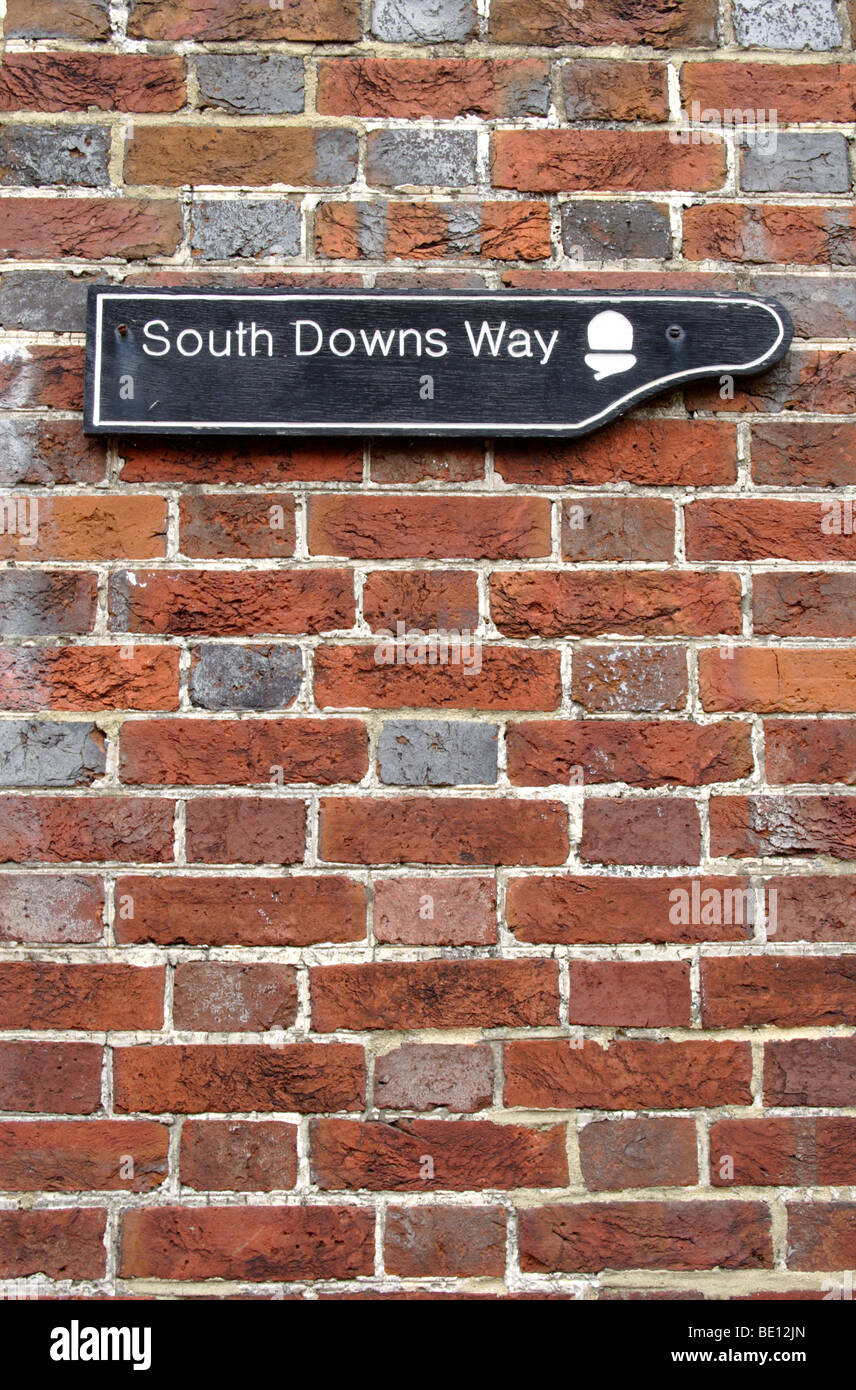 South Downs Way sign on wall in Alfriston, East Sussex, England, UK Stock Photo