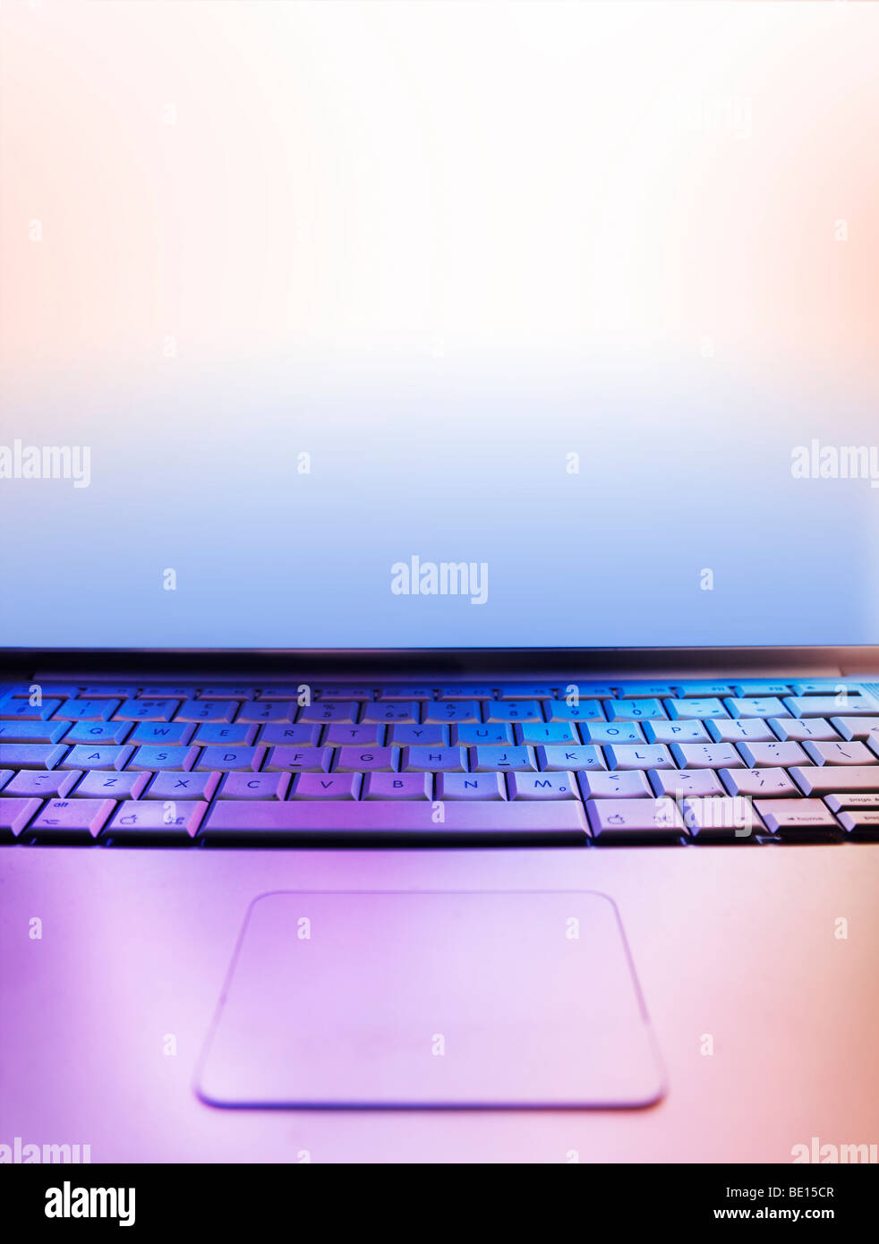 wide angle shot of a laptop keyboard and screen Stock Photo