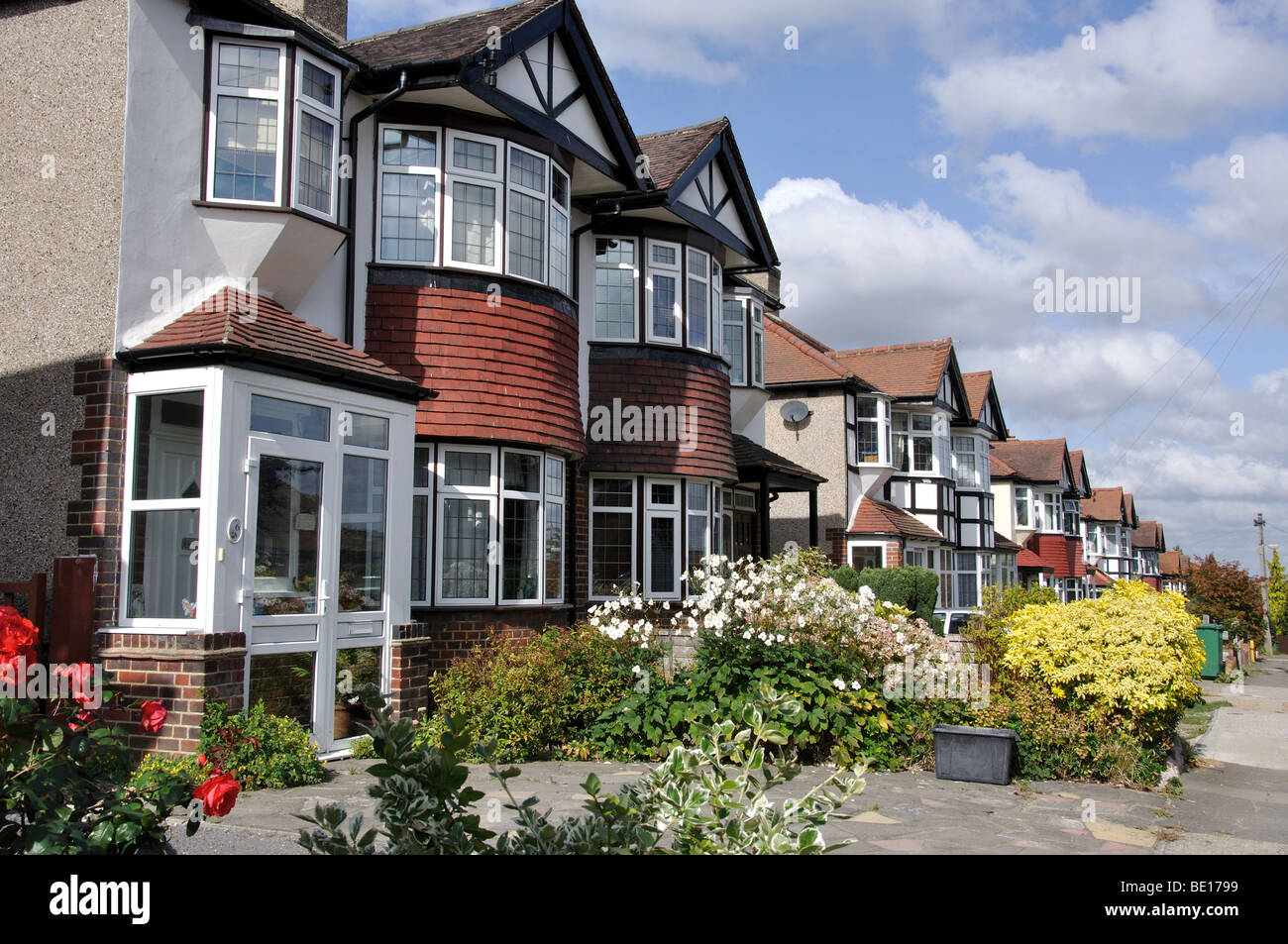 Semi-detached houses, Harbourfield Road, Banstead, Surrey, England, United Kingdom Stock Photo