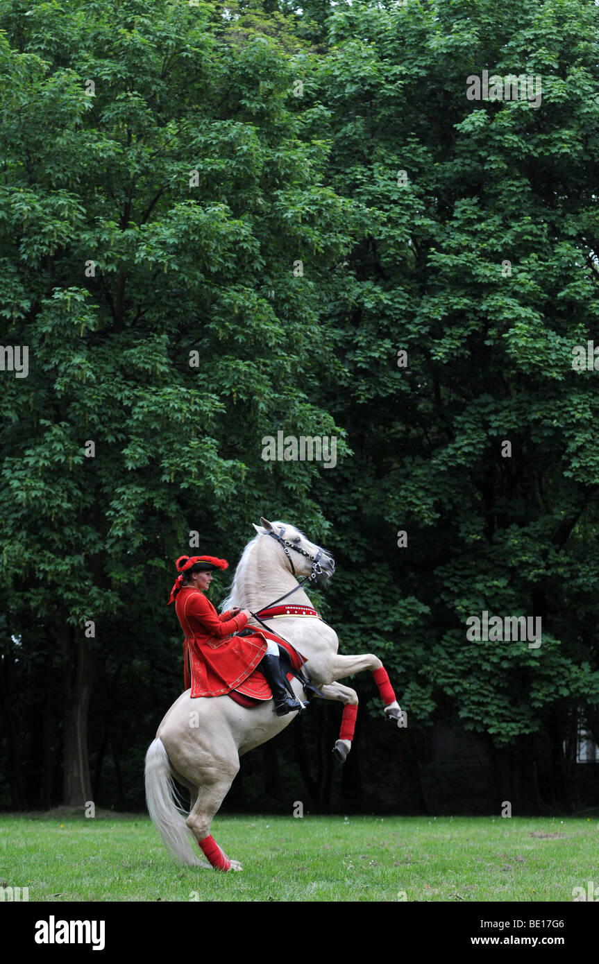 Woman in costume from XVII century on her horse during baroque horse riding performance in Warsaw, Poland Stock Photo