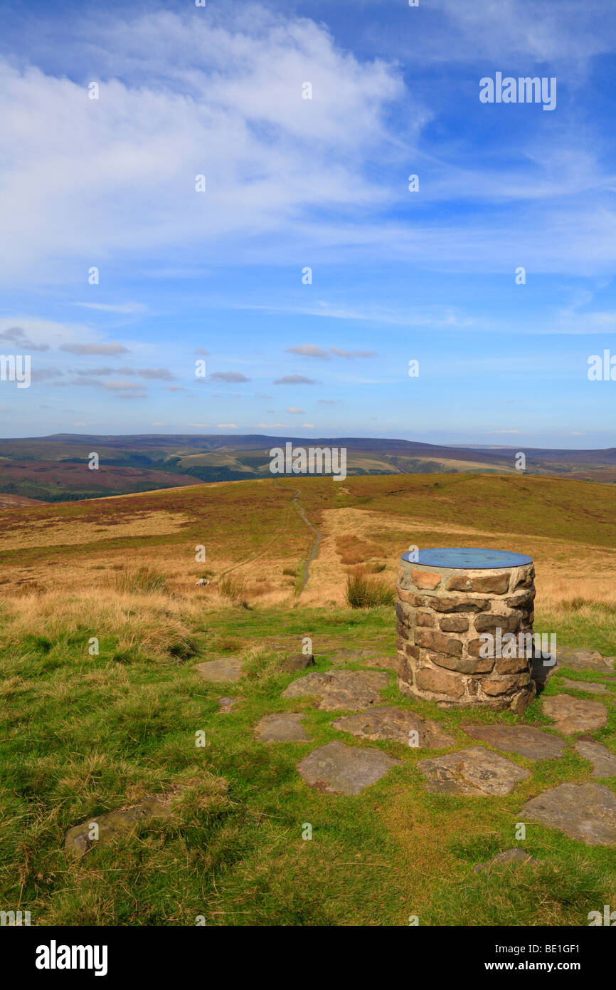 Toposcope memorial on Lost Lad summit in the Upper Derwent Valley towards Kinder Scout and Bleaklow, Derbyshire Peak District National Park England UK. Stock Photo