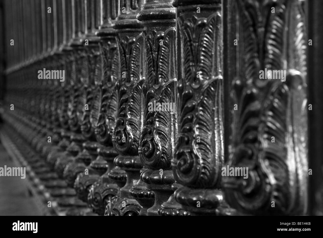 Iron railings at the British Museum, Great Russell Street. Designed by Sydney Smirke who also created the museum's reading room. Stock Photo