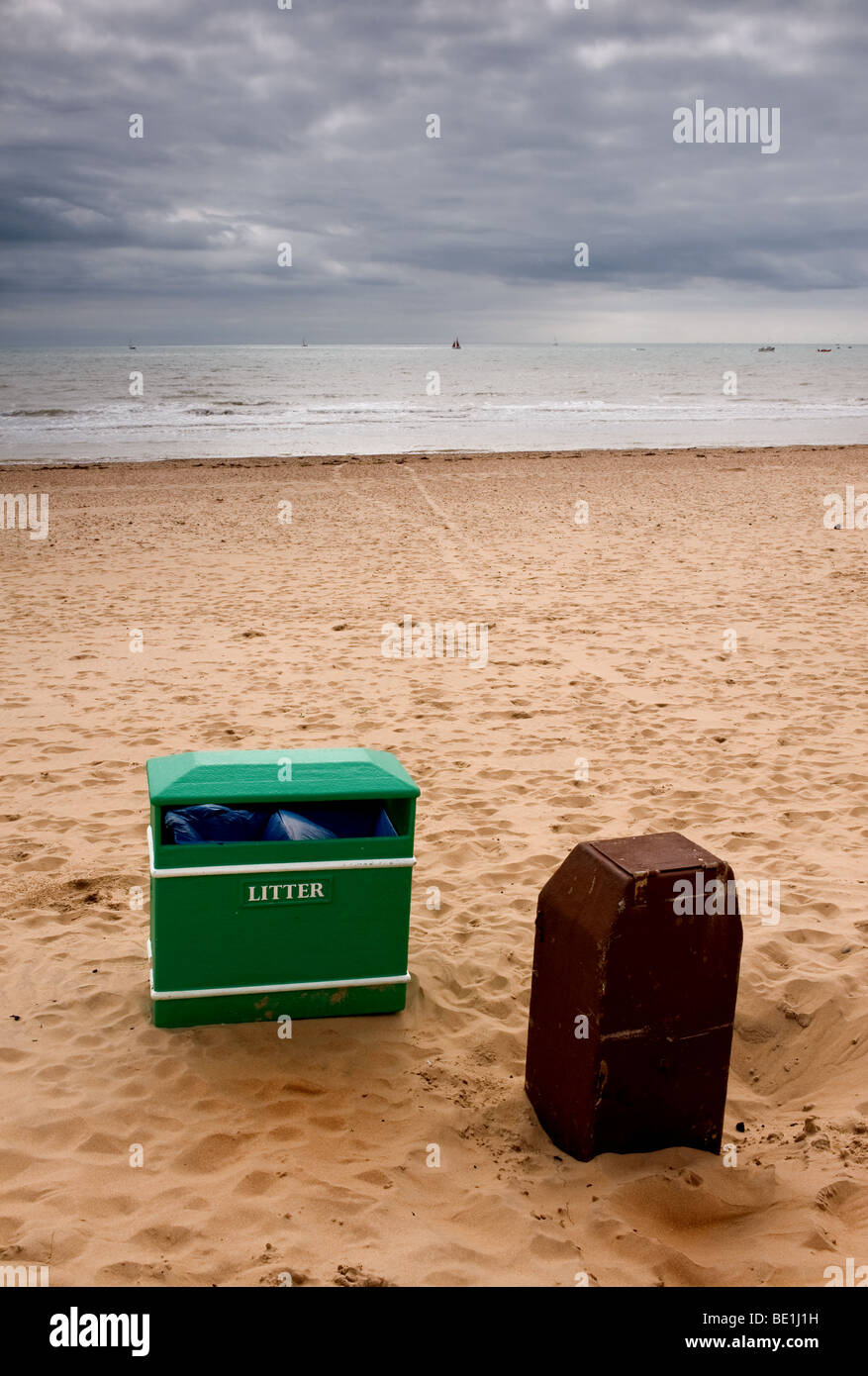 Litter bins on the beach at Camber Sands in East Sussex. Photo by