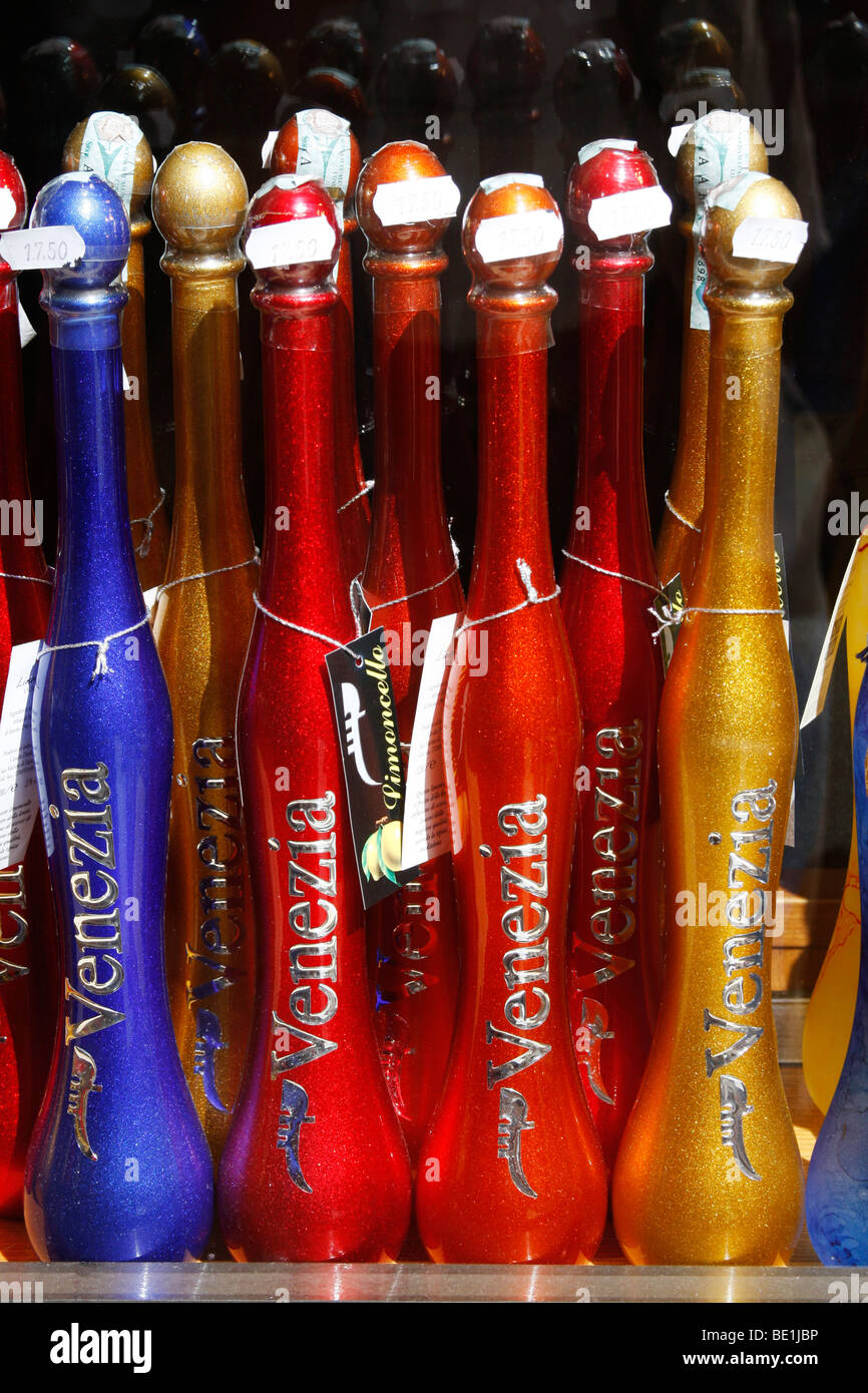 Colorful bottles of alcohol for tourists as souvenirs of Venice Stock