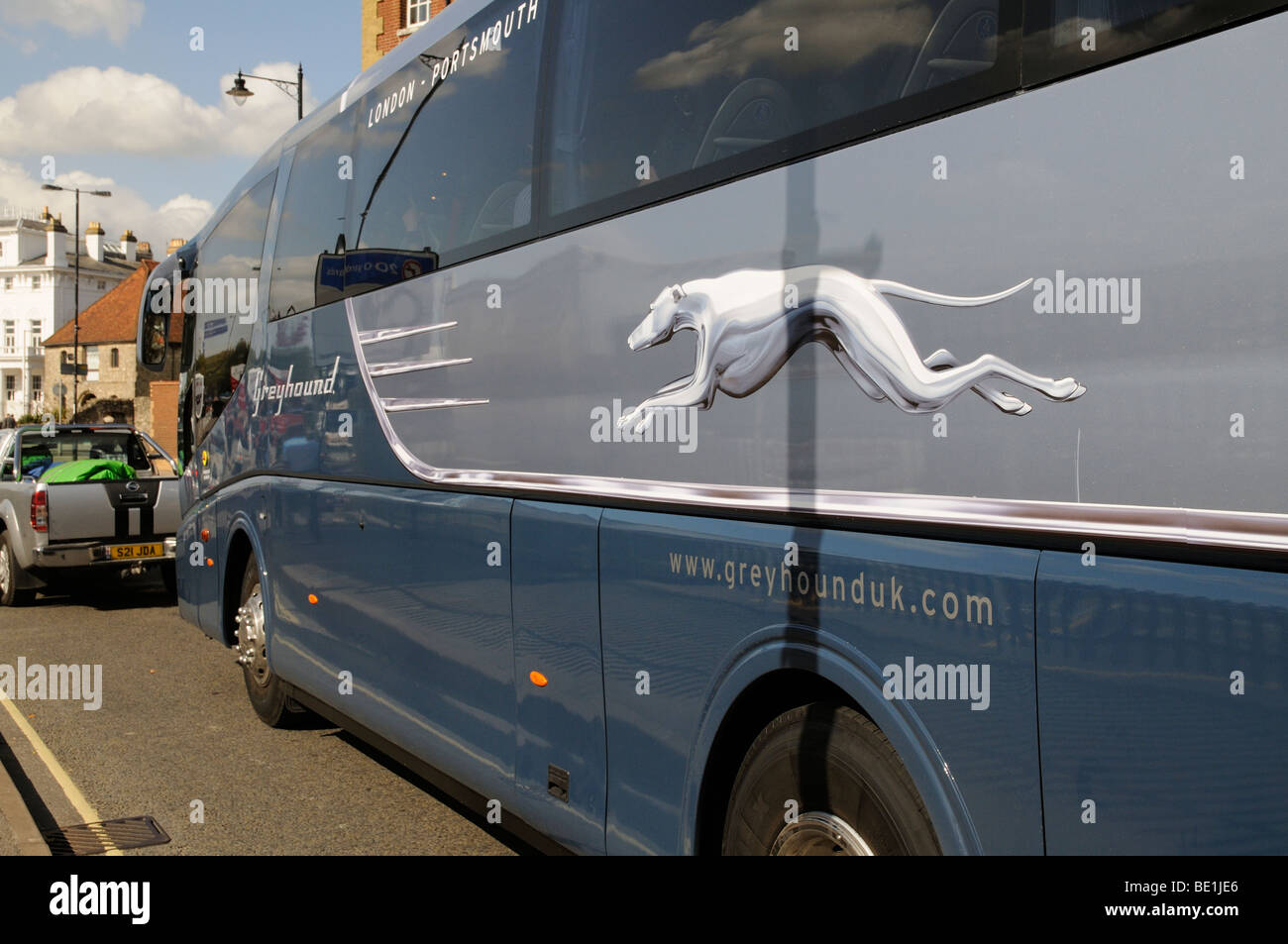 A British Greyhound Lines bus named Proud Mary in Southampton on the first day of the new London service Stock Photo