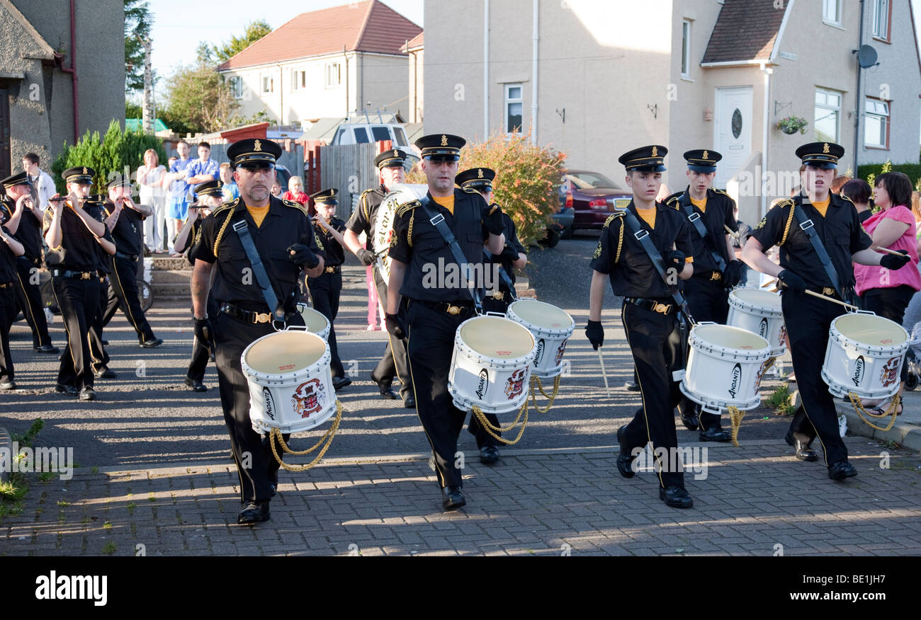 Abbey Star Flute Band (Loyalist/Protestant) marching on parade in Kilwinning, Ayrshire, Scotland Stock Photo
