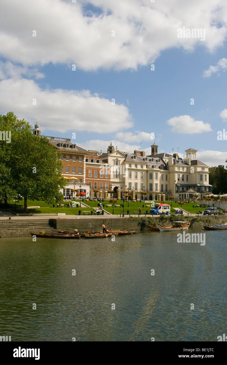 Riverside Terrace and Buildings Overlooking The River Thames By Richmond Bridge Surrey England On A Summers Day Stock Photo
