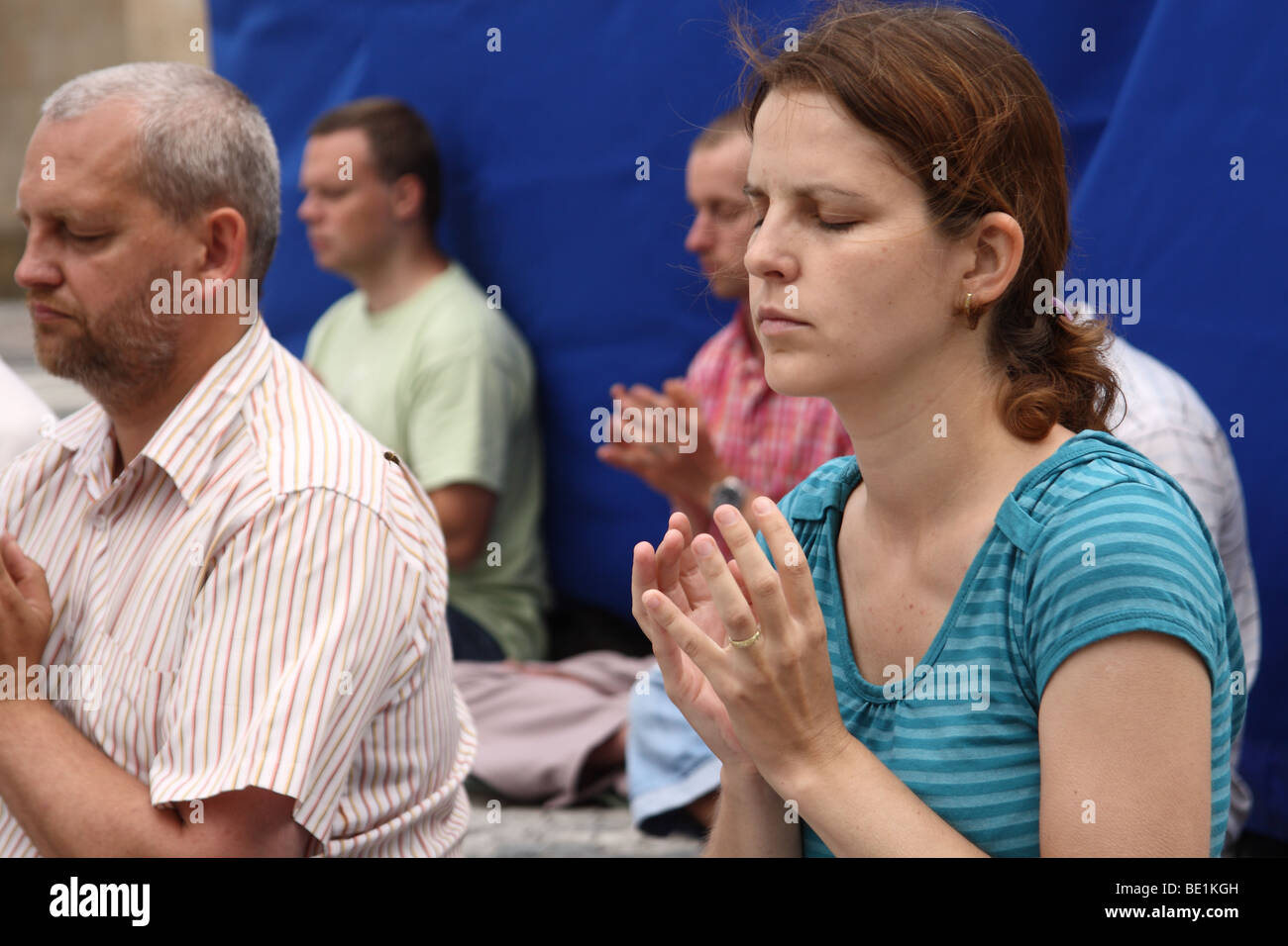 Falun Gong practitioners meditating in Vaclavske Namesti. Prague. Czech Republic. Stock Photo