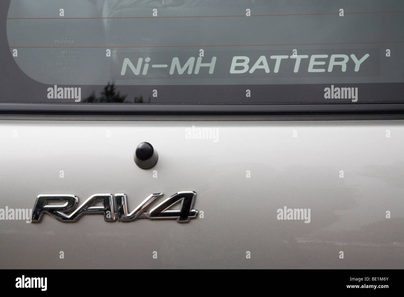 Close up of Toyota RAV4 electric vehicle with a Ni-MH battery (Nickel-Metal Hydride) sticker. Palo Alto, California, USA Stock Photo