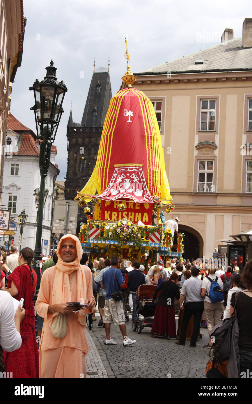 Hare Krishna procession. Old town in Prague. Czech Republic. Stock Photo