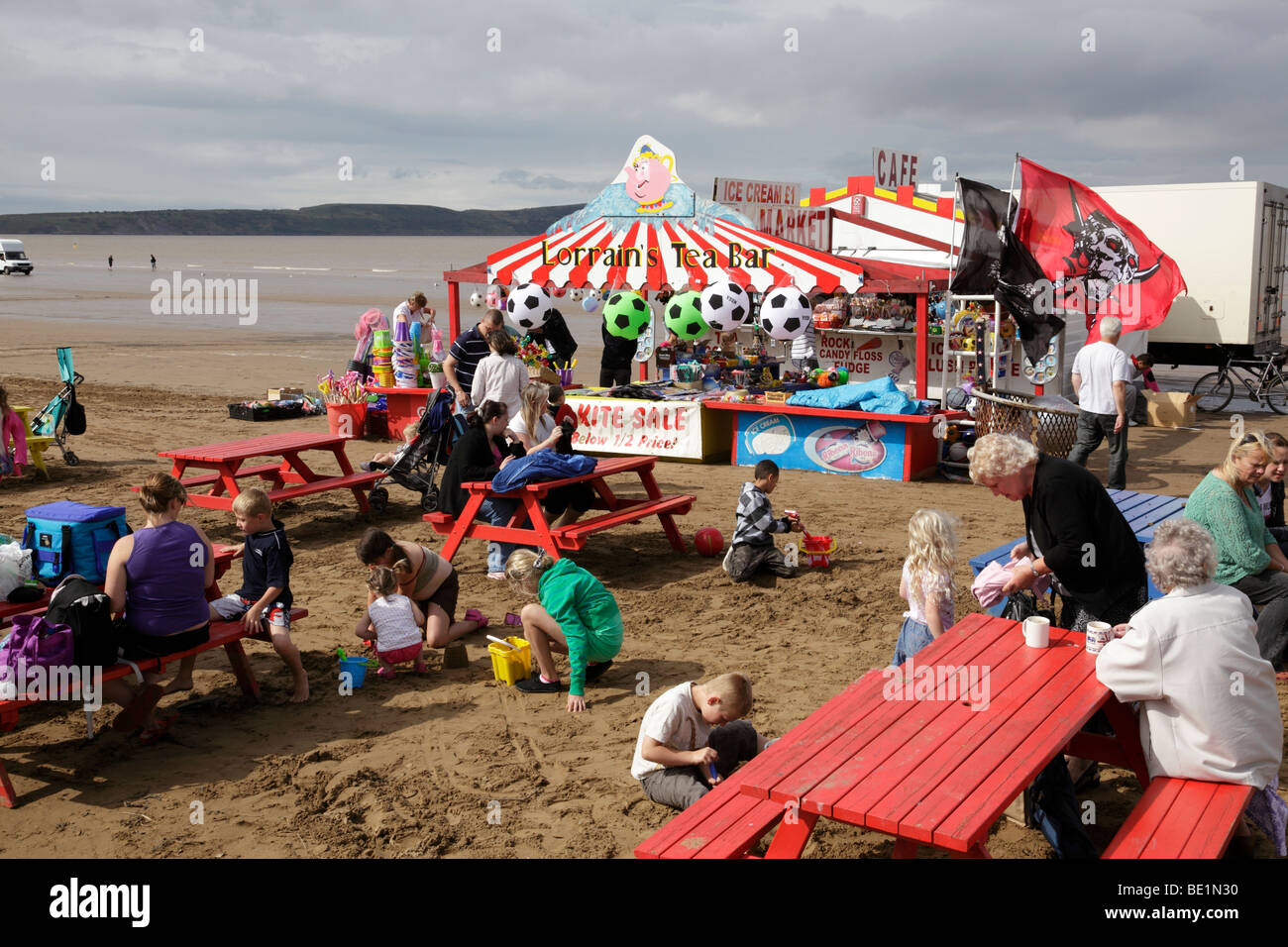 beach cafe and goods stall on the beach at weston-super-mare somerset uk Stock Photo