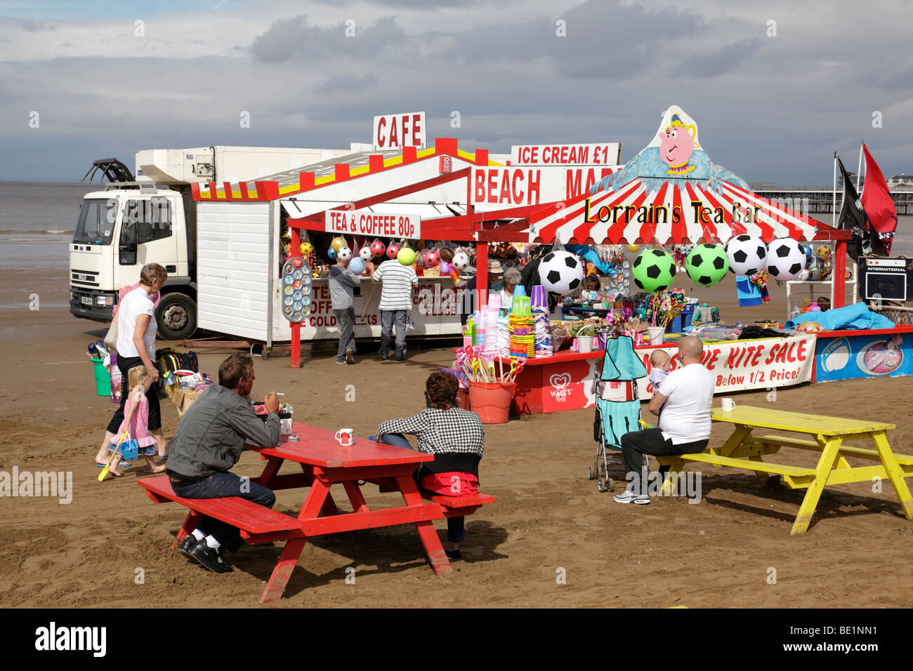 beach cafe and goods stall on the beach at weston-super-mare somerset uk Stock Photo