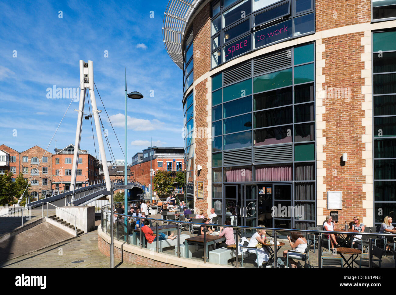 The Oracle waterfront bar on the River Aire at Brewery Wharf, Leeds, West Yorkshire, England Stock Photo