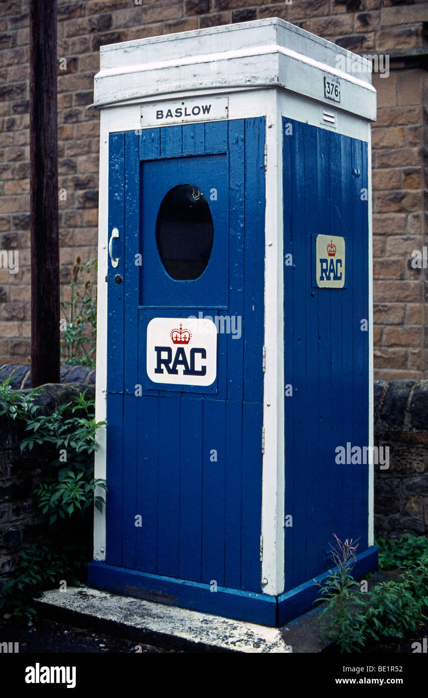 Old style RAC emergency breakdown telephone box, Baslow, Derbyshire, England Stock Photo