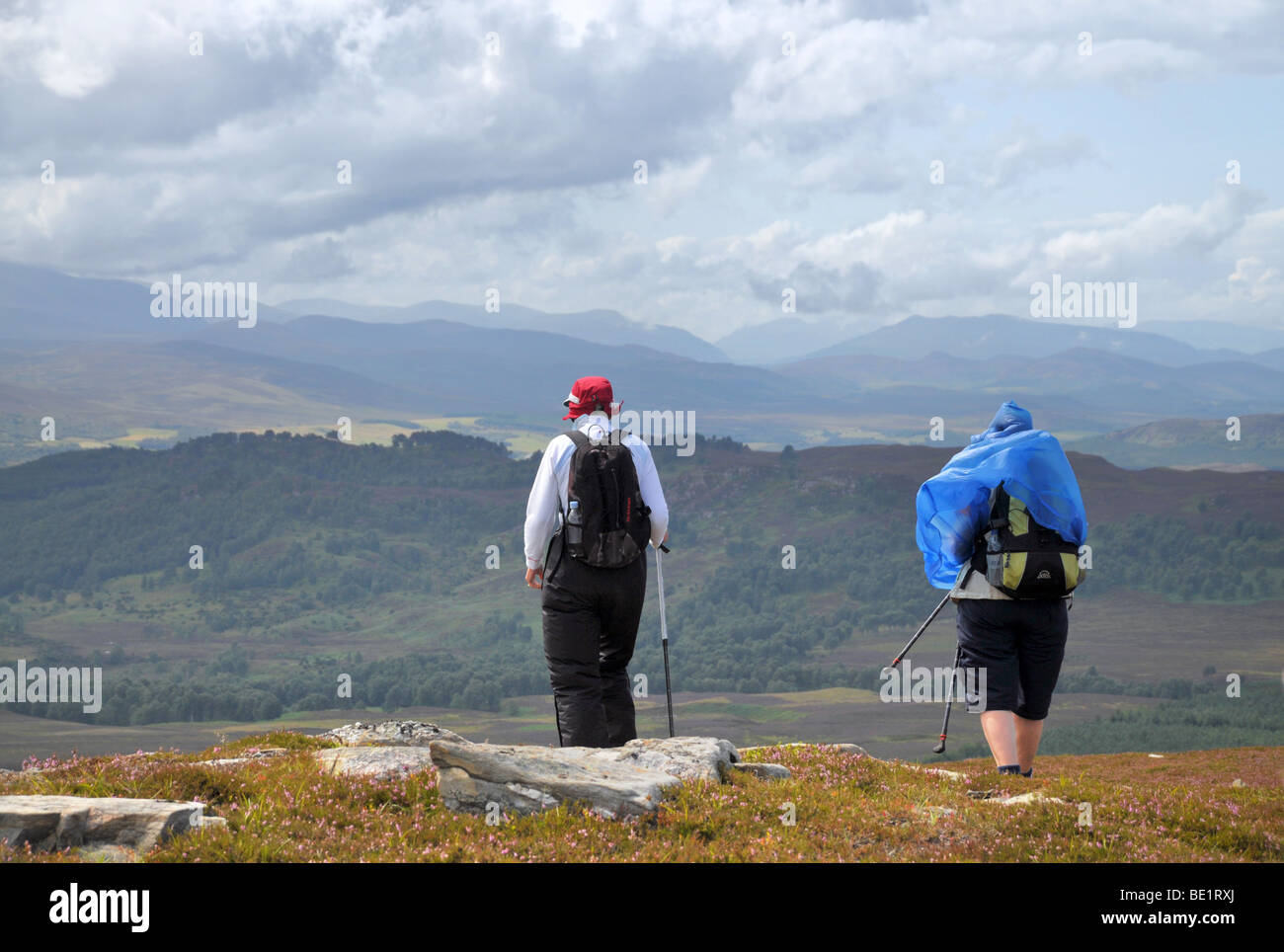 Two woman trekking on the Cairngorm hills near Aviemore, - highlands of Scotland. Stock Photo